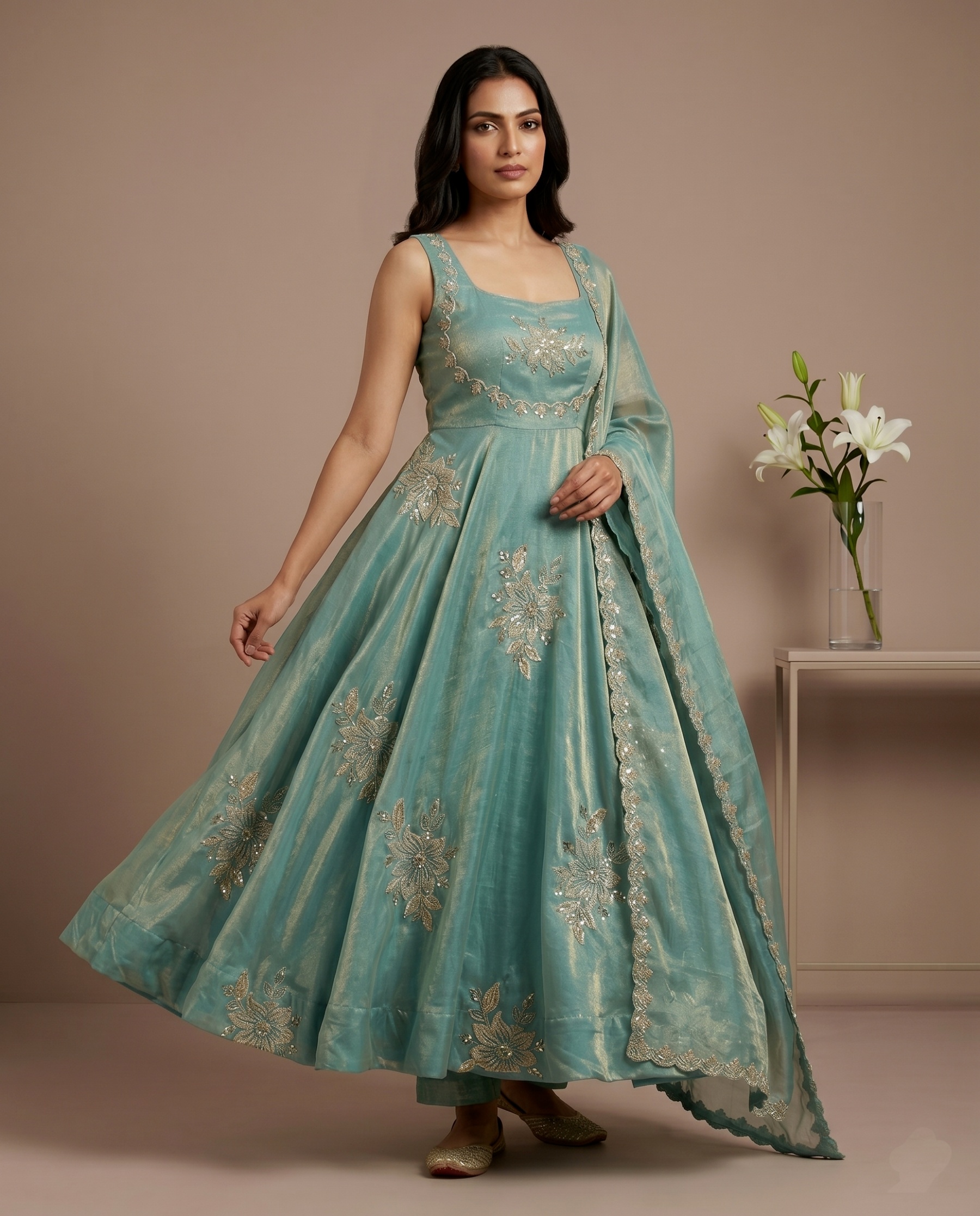 Sky Blue Floral Embroidered Silk Anarkali Suit — alternate view