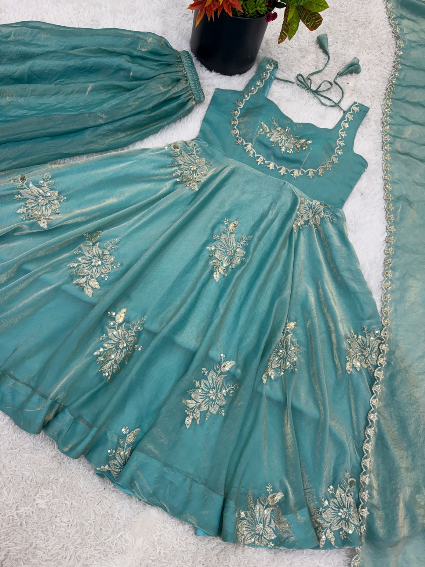 Sky Blue Floral Embroidered Silk Anarkali Suit