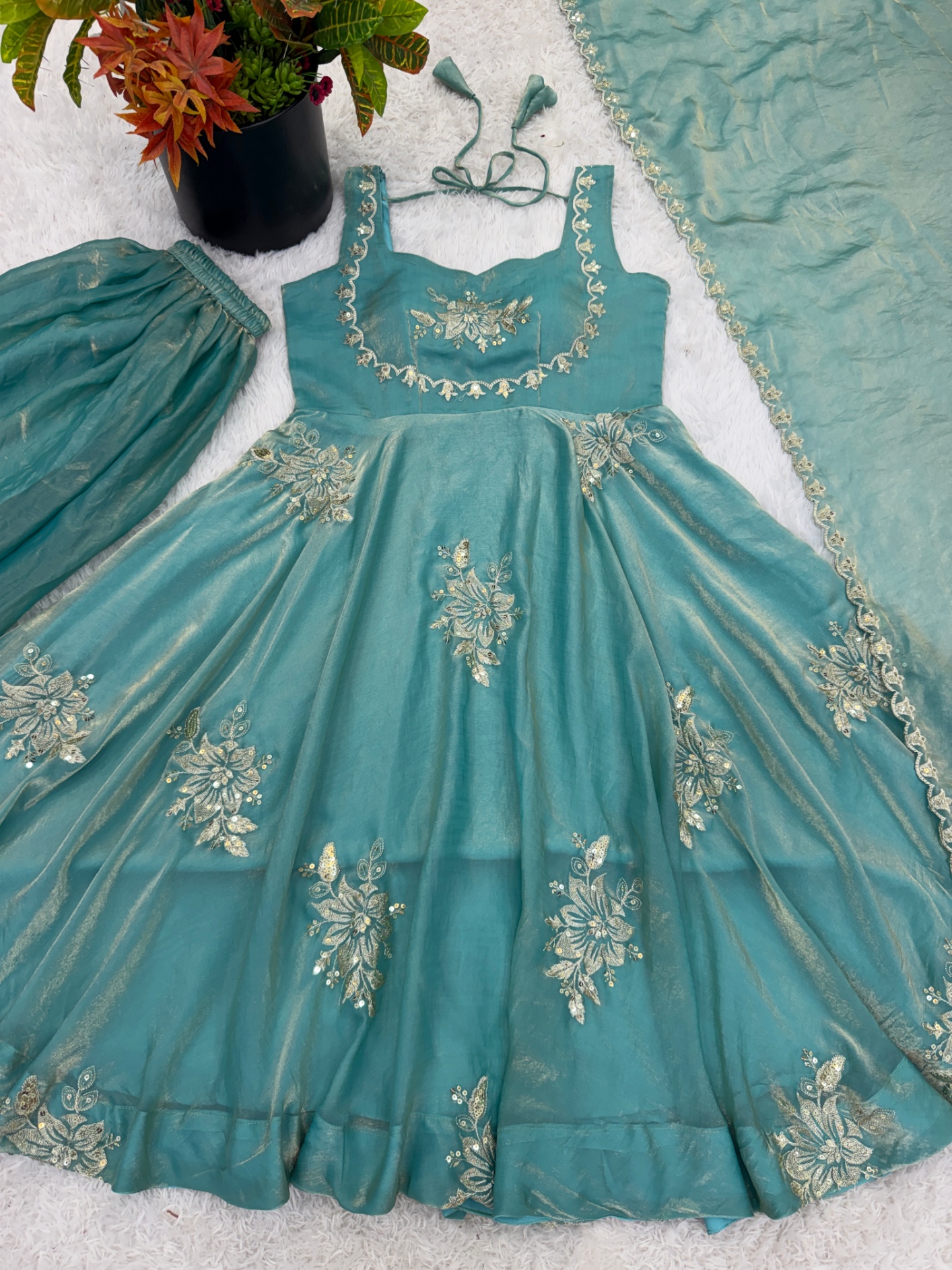 Sky Blue Floral Embroidered Silk Anarkali Suit