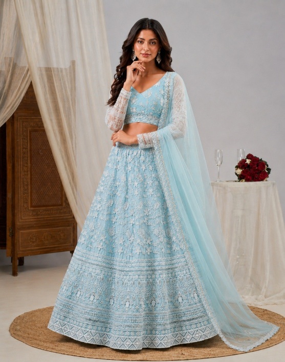 Sky Blue Floral Embroidered Soft Net Lehenga Choli