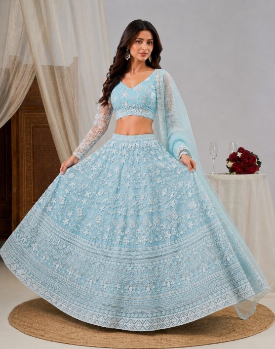 Sky Blue Floral Embroidered Soft Net Lehenga Choli — alternate view