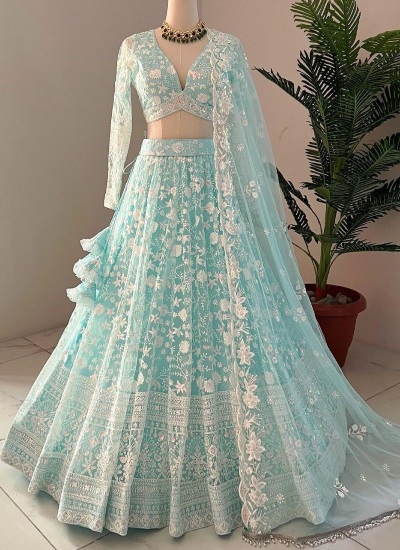 Sky Blue Floral Embroidered Soft Net Lehenga Choli