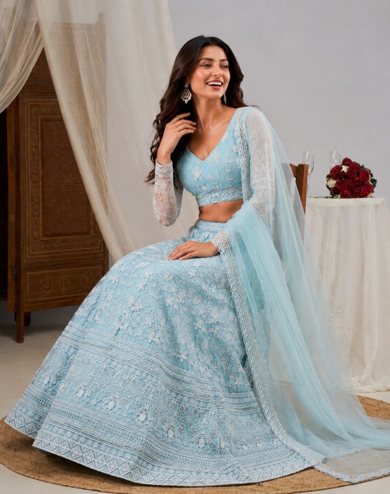 Sky Blue Floral Embroidered Soft Net Lehenga Choli