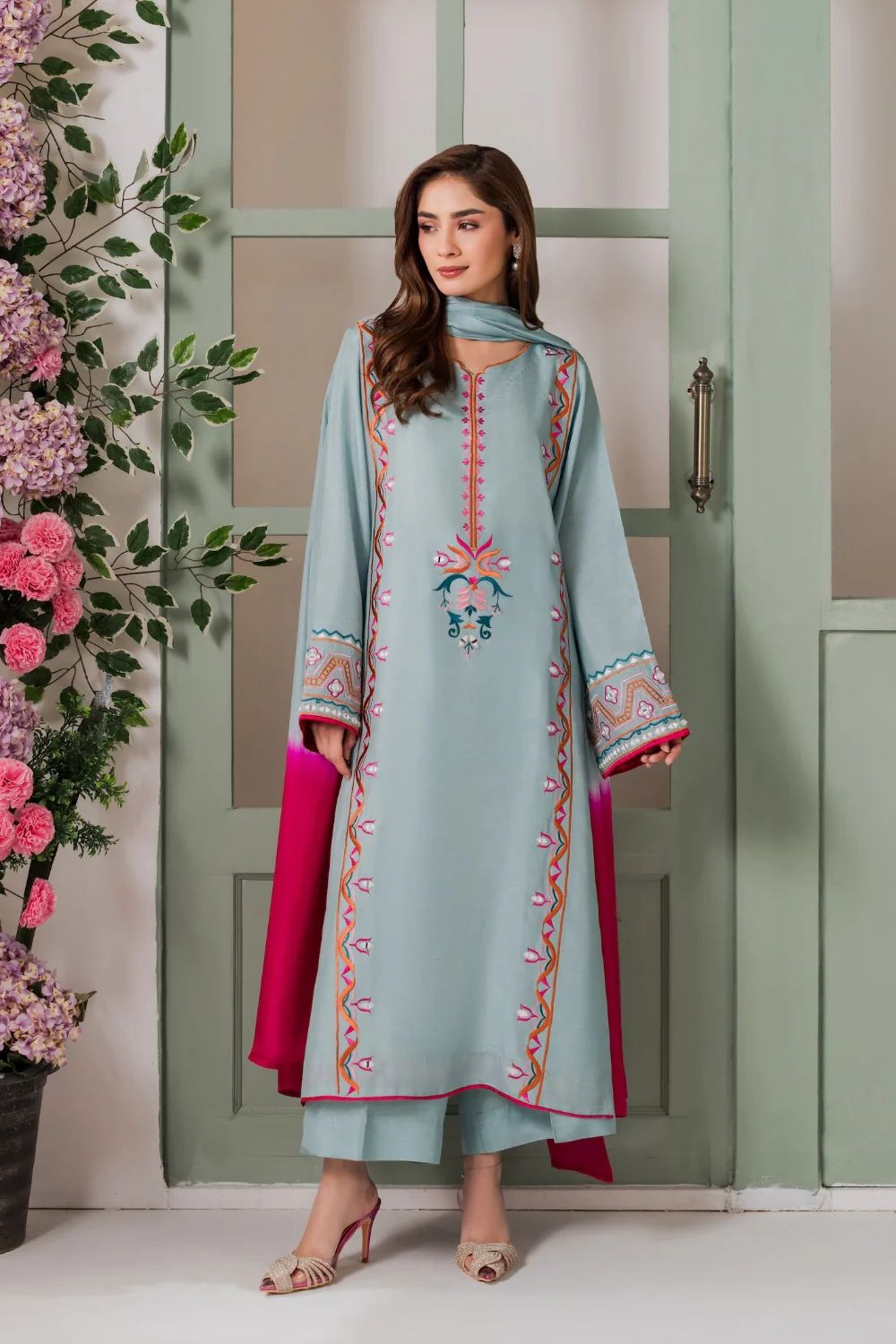 Sky Blue Floral Embroidery French Crepe Straight Suit