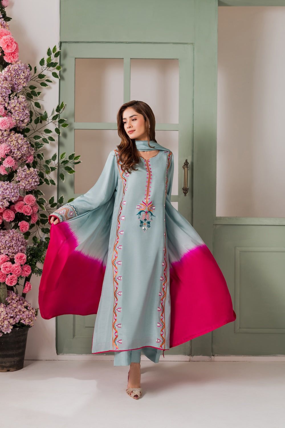 Sky Blue Floral Embroidery French Crepe Straight Suit — alternate view