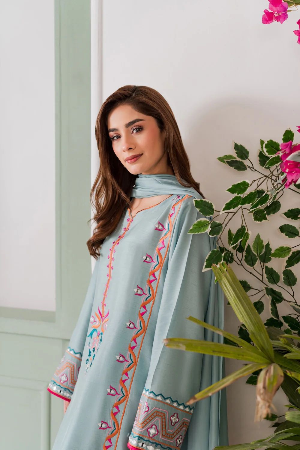 Sky Blue Floral Embroidery French Crepe Straight Suit