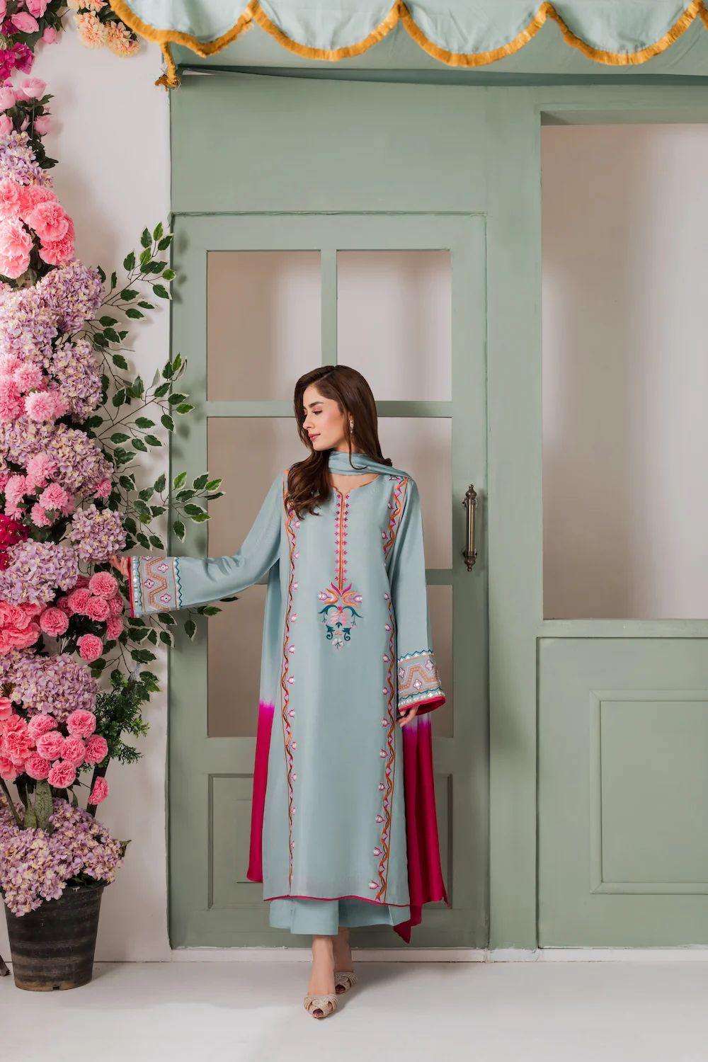 Sky Blue Floral Embroidery French Crepe Straight Suit