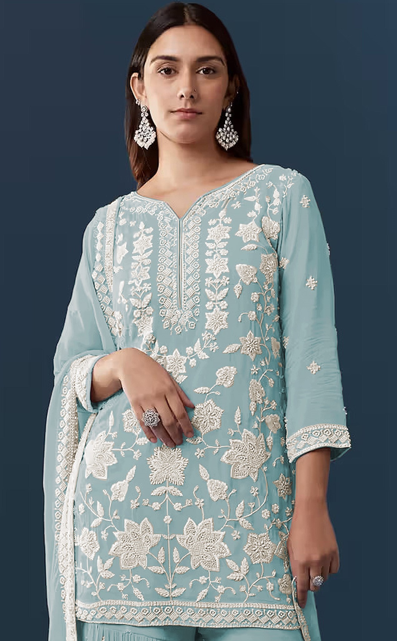 Sky Blue Floral Embroidery Georgette Sharara Suit — alternate view
