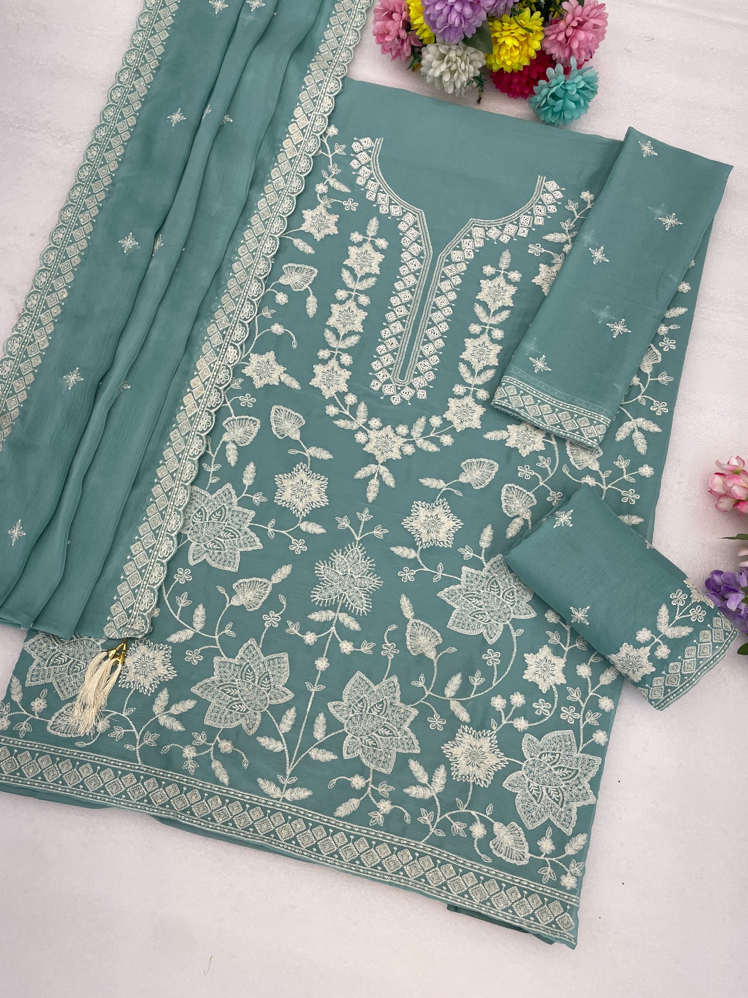 Sky Blue Floral Embroidery Georgette Sharara Suit
