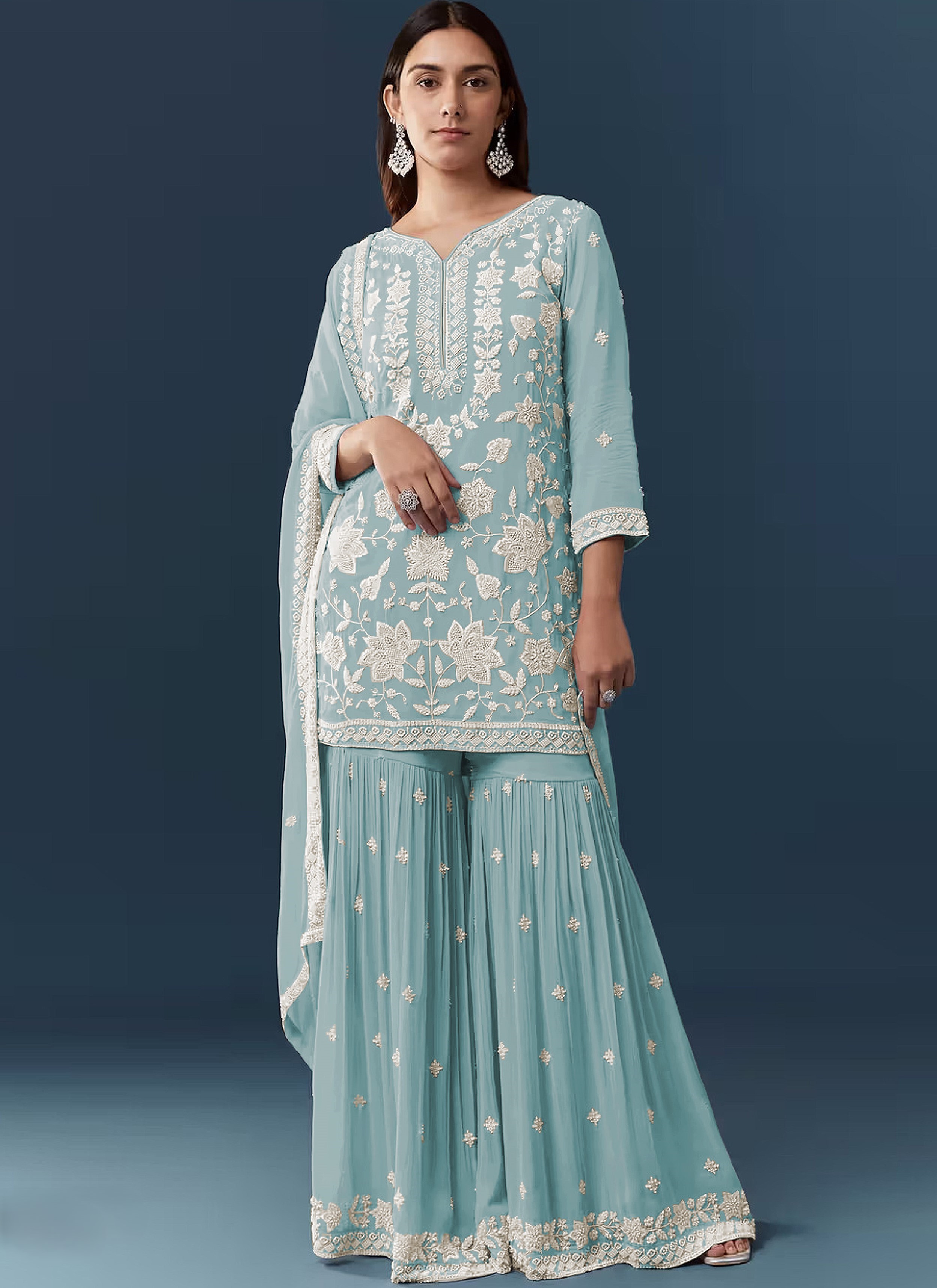 Sky Blue Floral Embroidery Georgette Sharara Suit