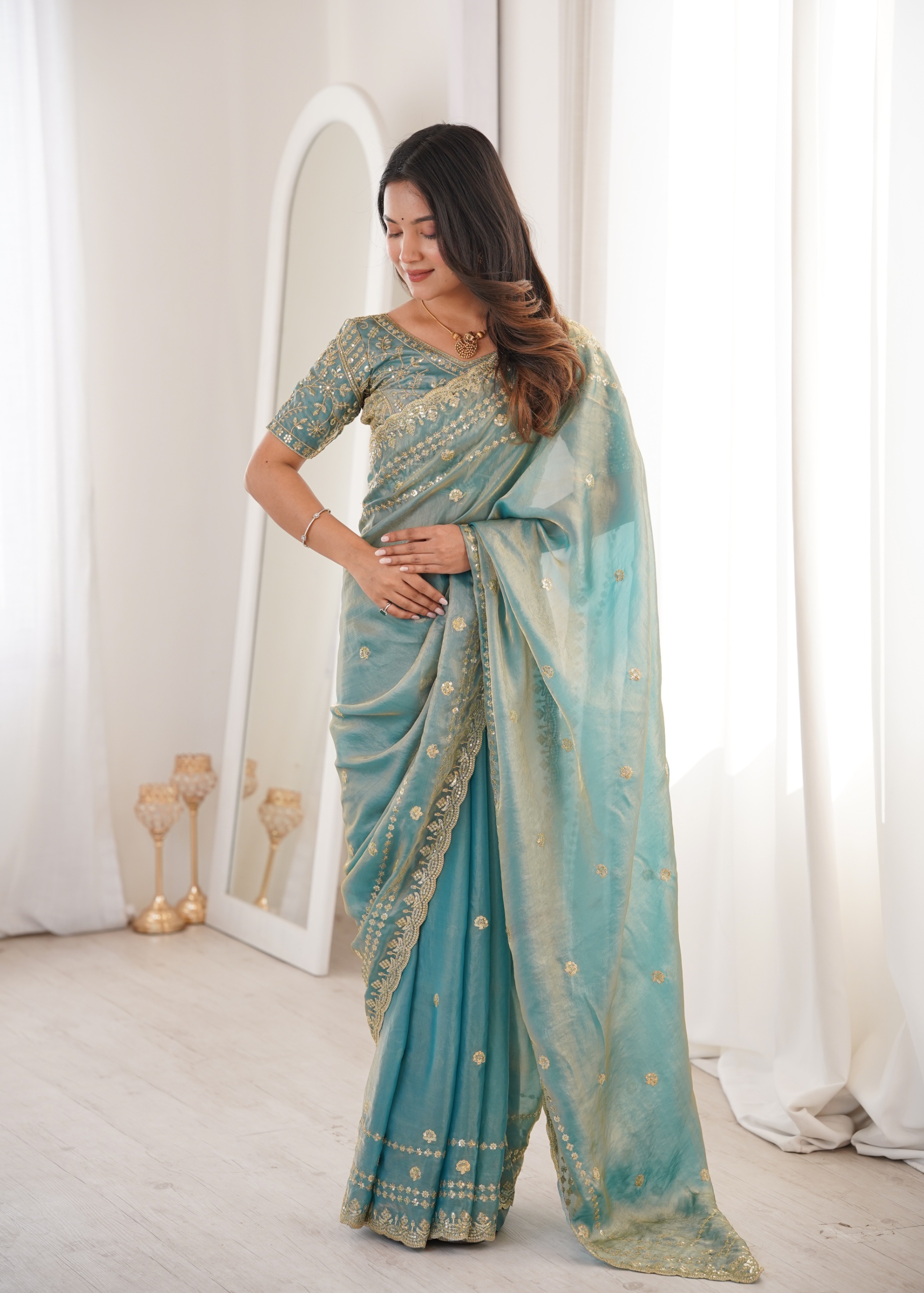Sky Blue Floral Fendy Satin Saree