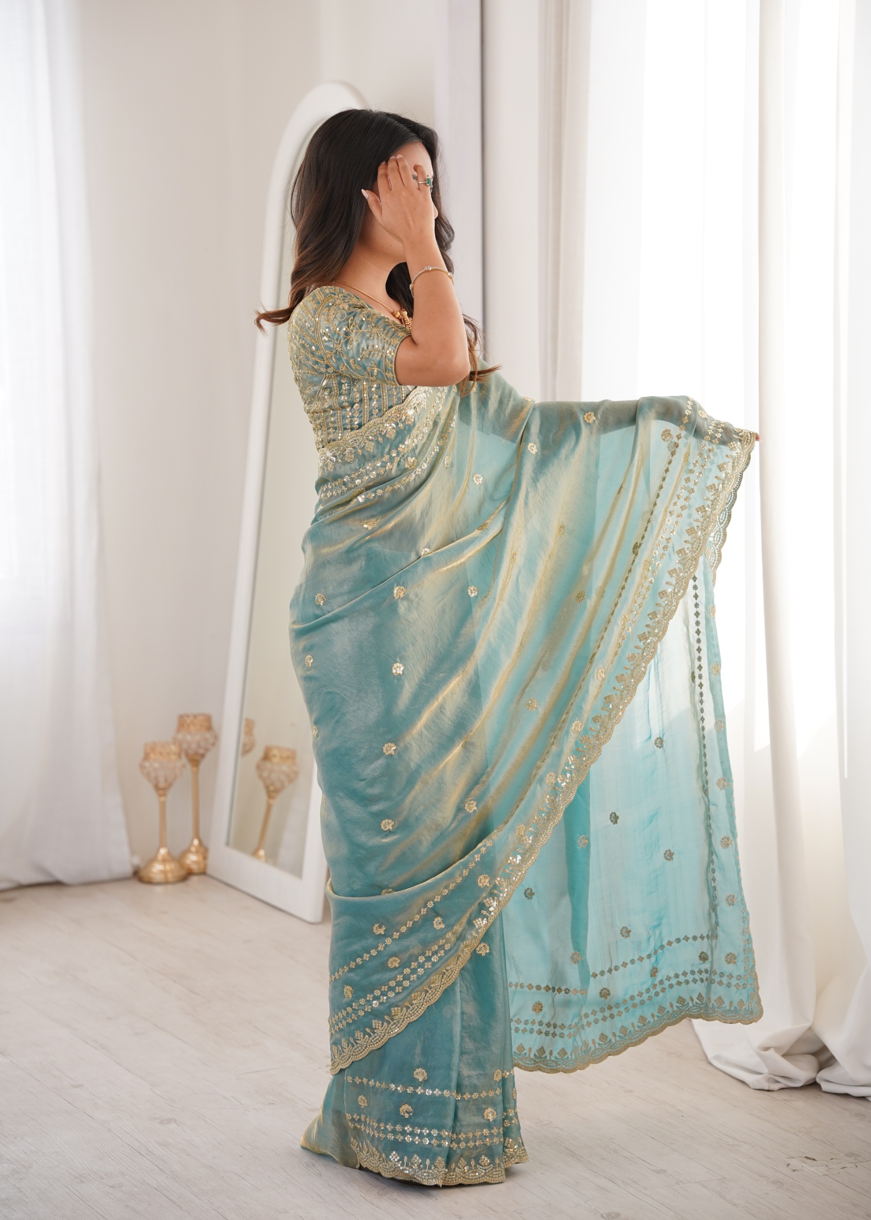 Sky Blue Floral Fendy Satin Saree — alternate view