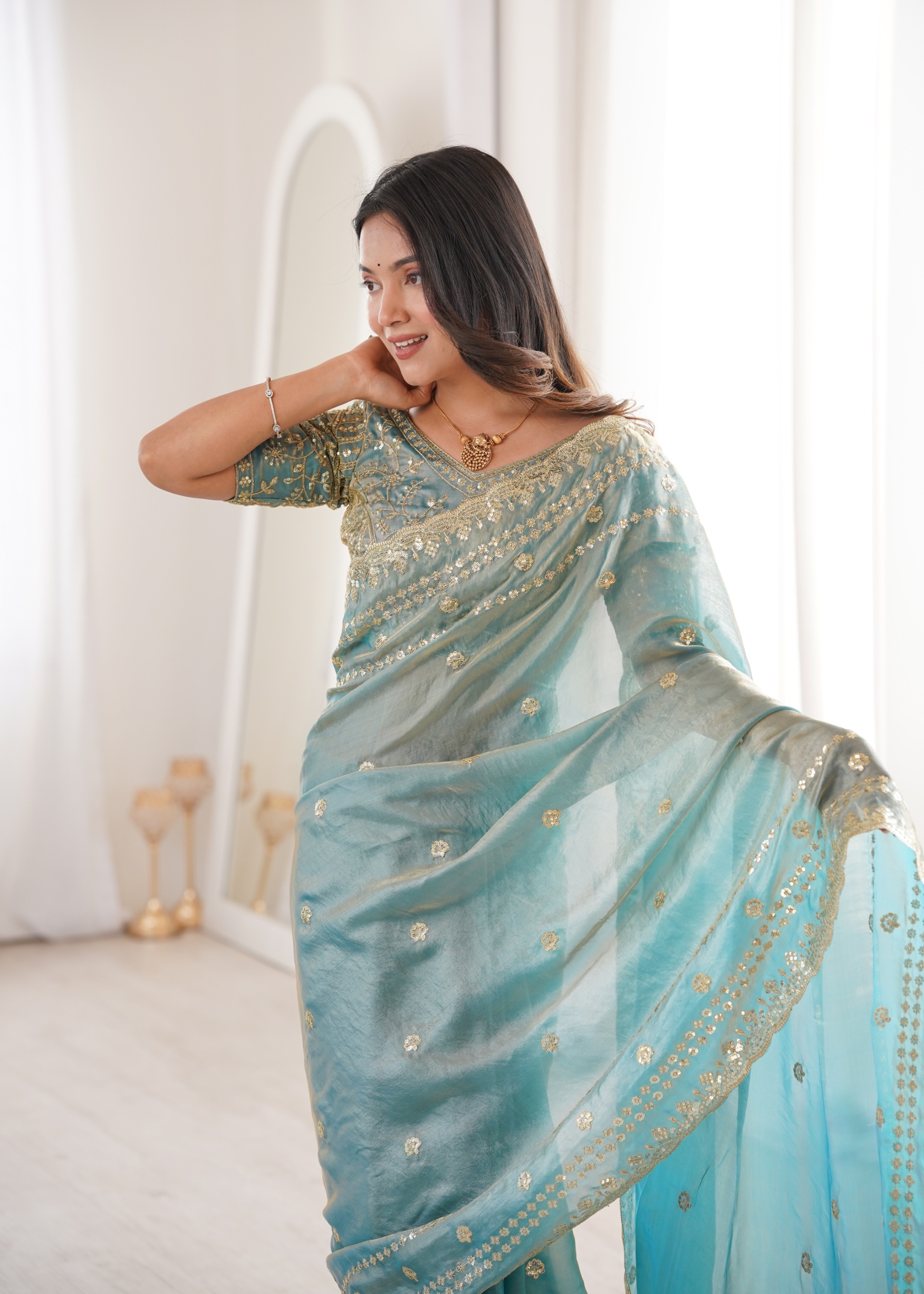 Sky Blue Floral Fendy Satin Saree