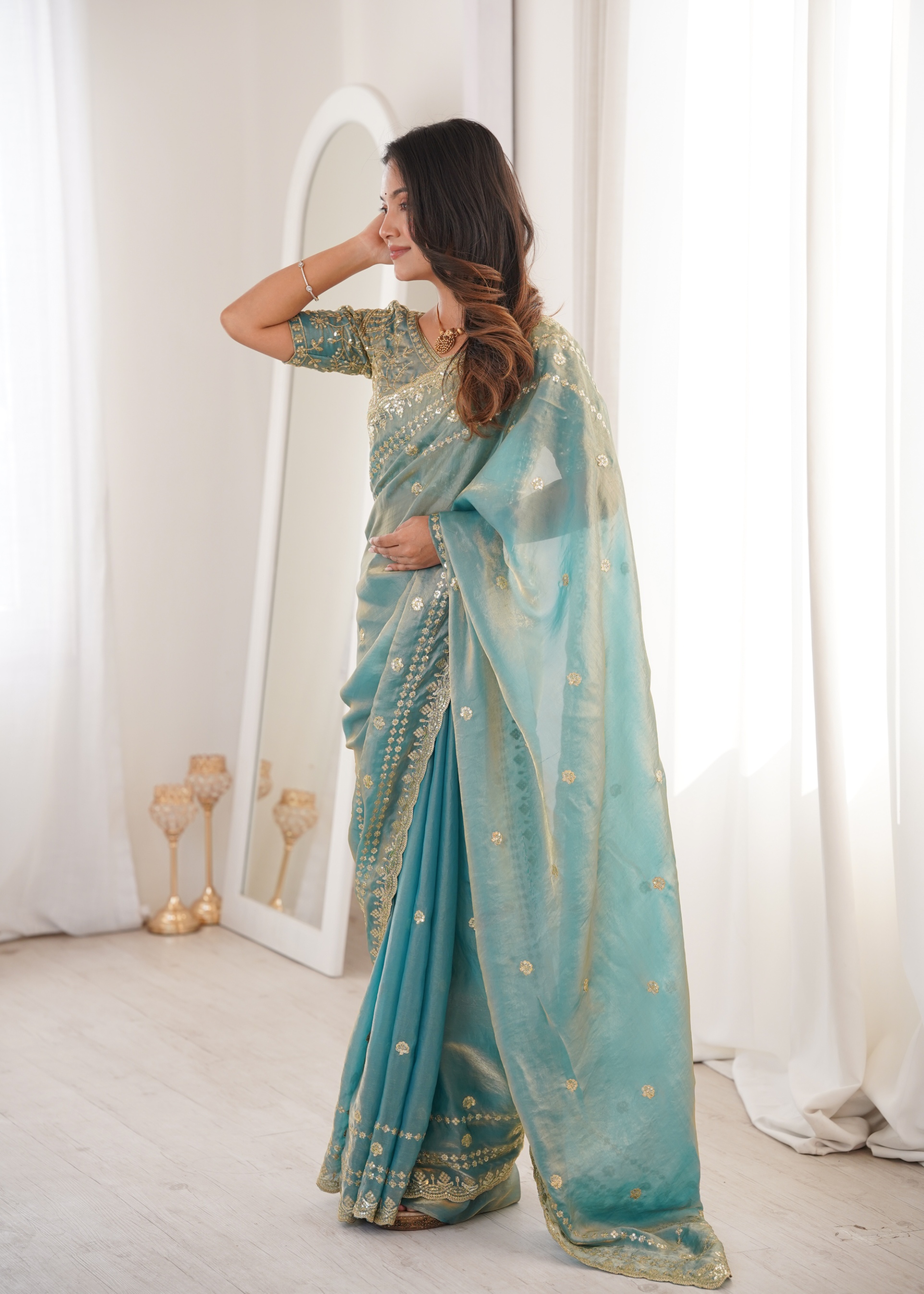 Sky Blue Floral Fendy Satin Saree