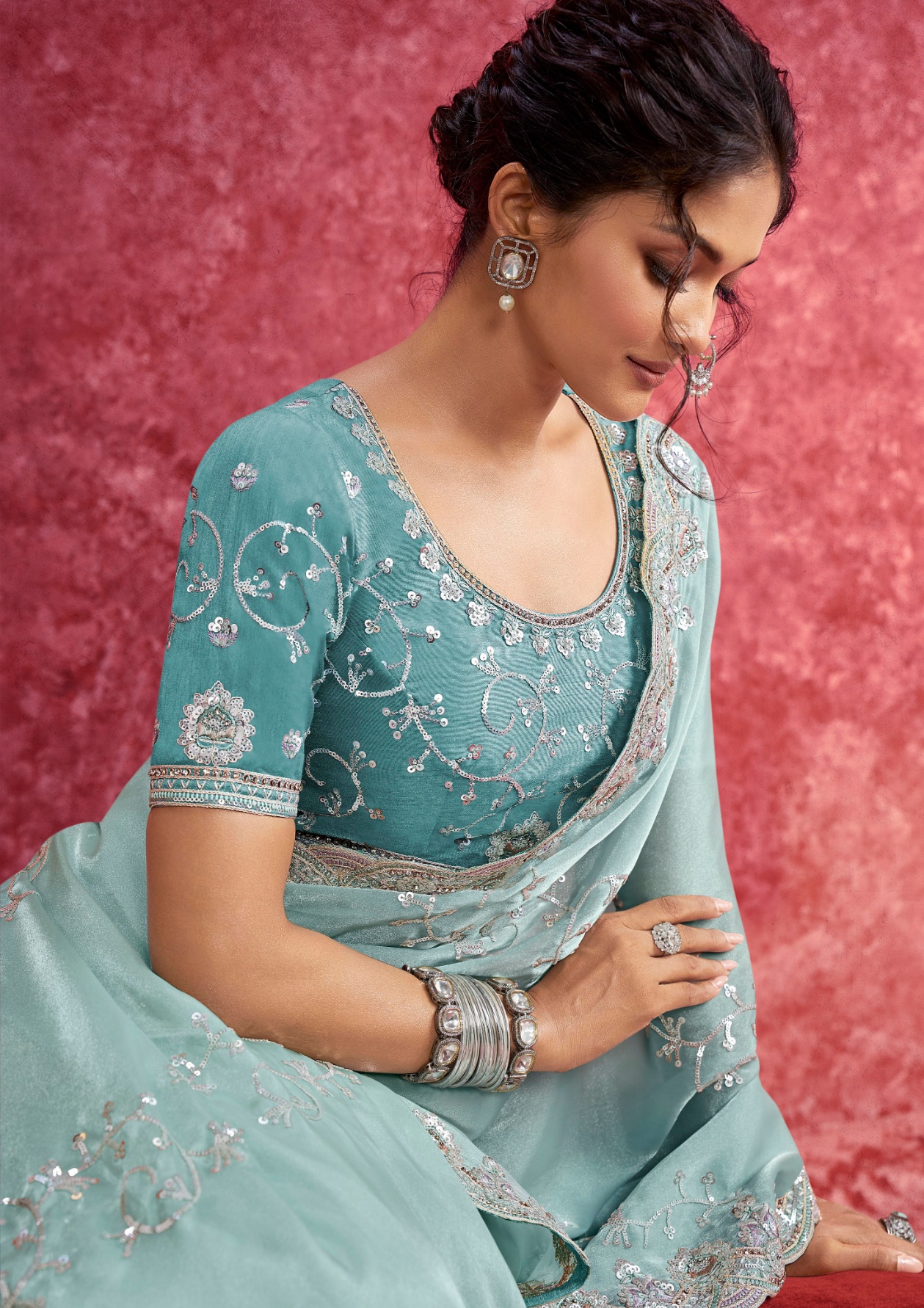 Sky Blue Floral Galaxy Saree