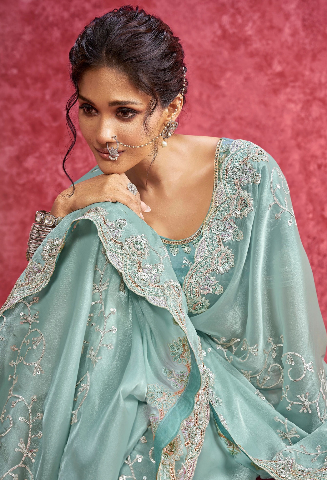 Sky Blue Floral Galaxy Saree