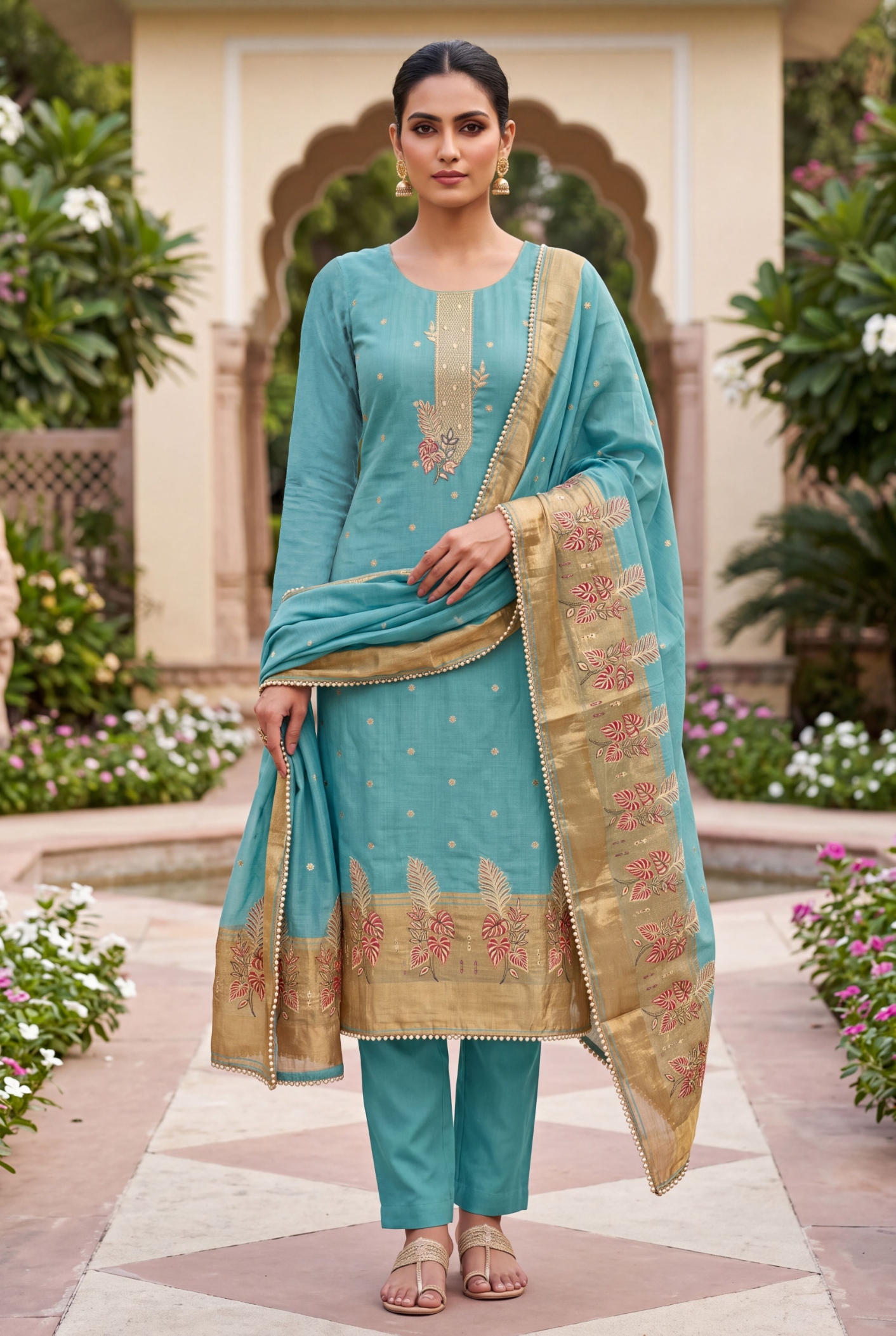 Sky Blue Floral Handwork Banarasi Cotton Straight Suit