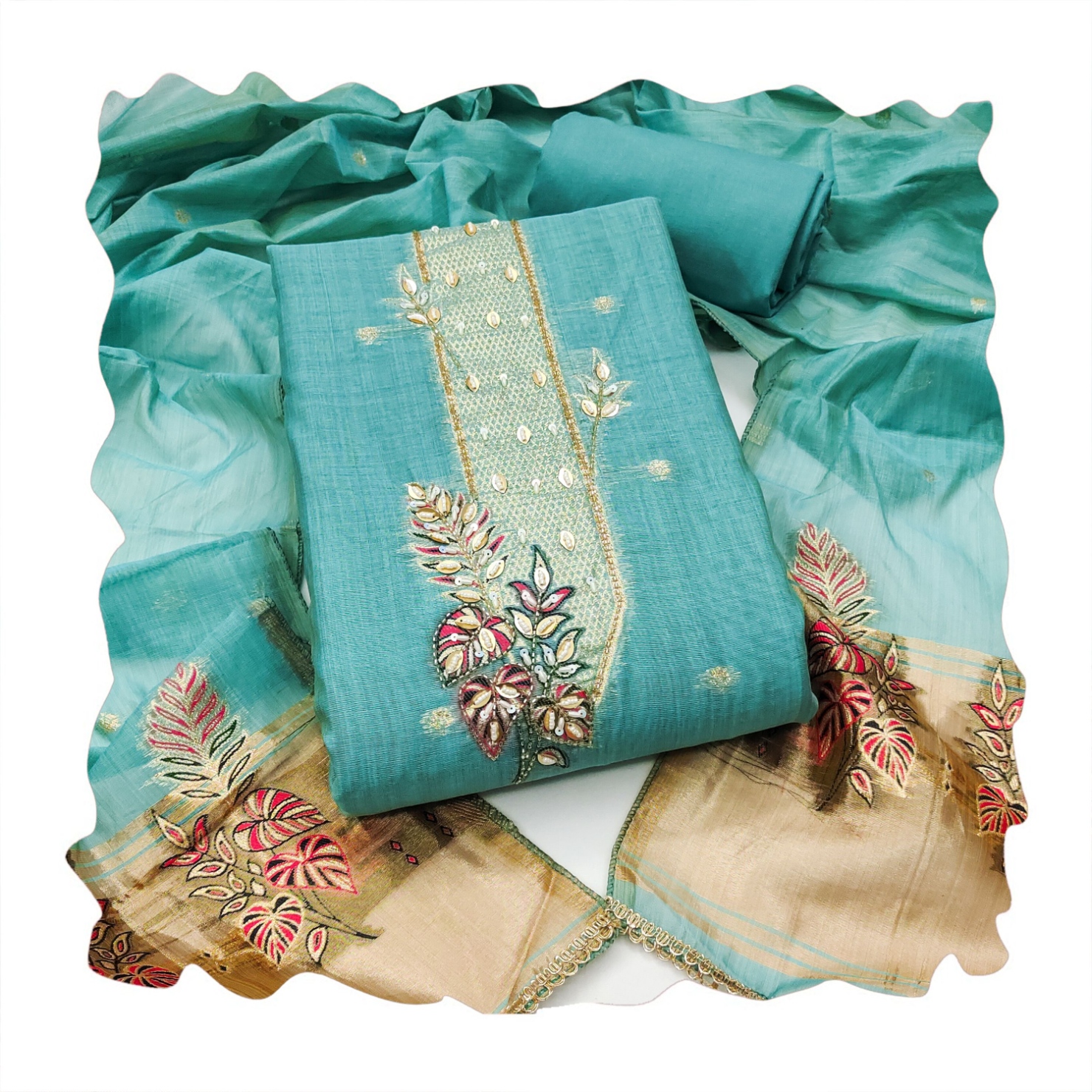 Sky Blue Floral Handwork Banarasi Cotton Straight Suit — alternate view