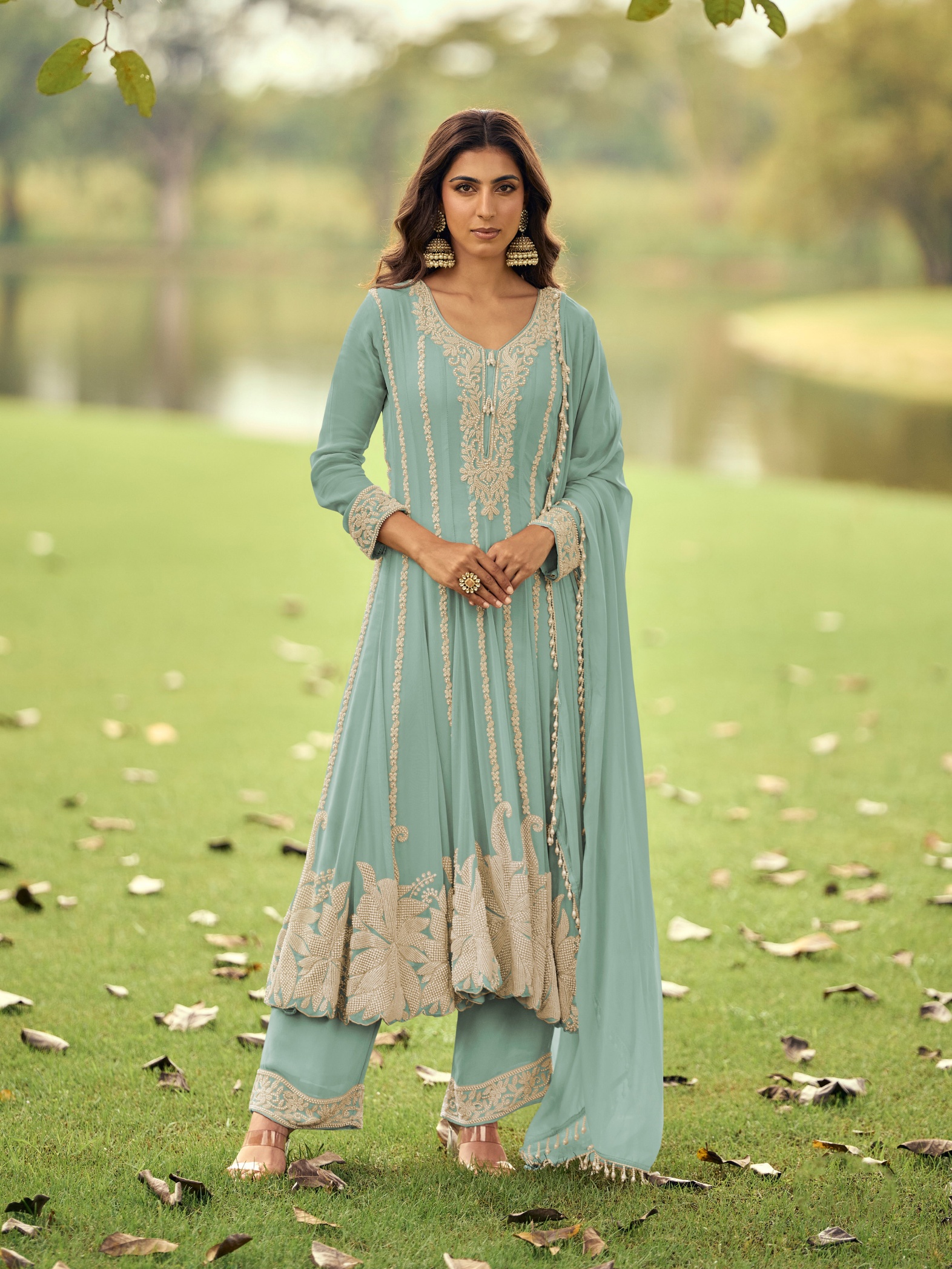Sky Blue Floral Heavy Designer Beads Georgette Anarkali Suit
