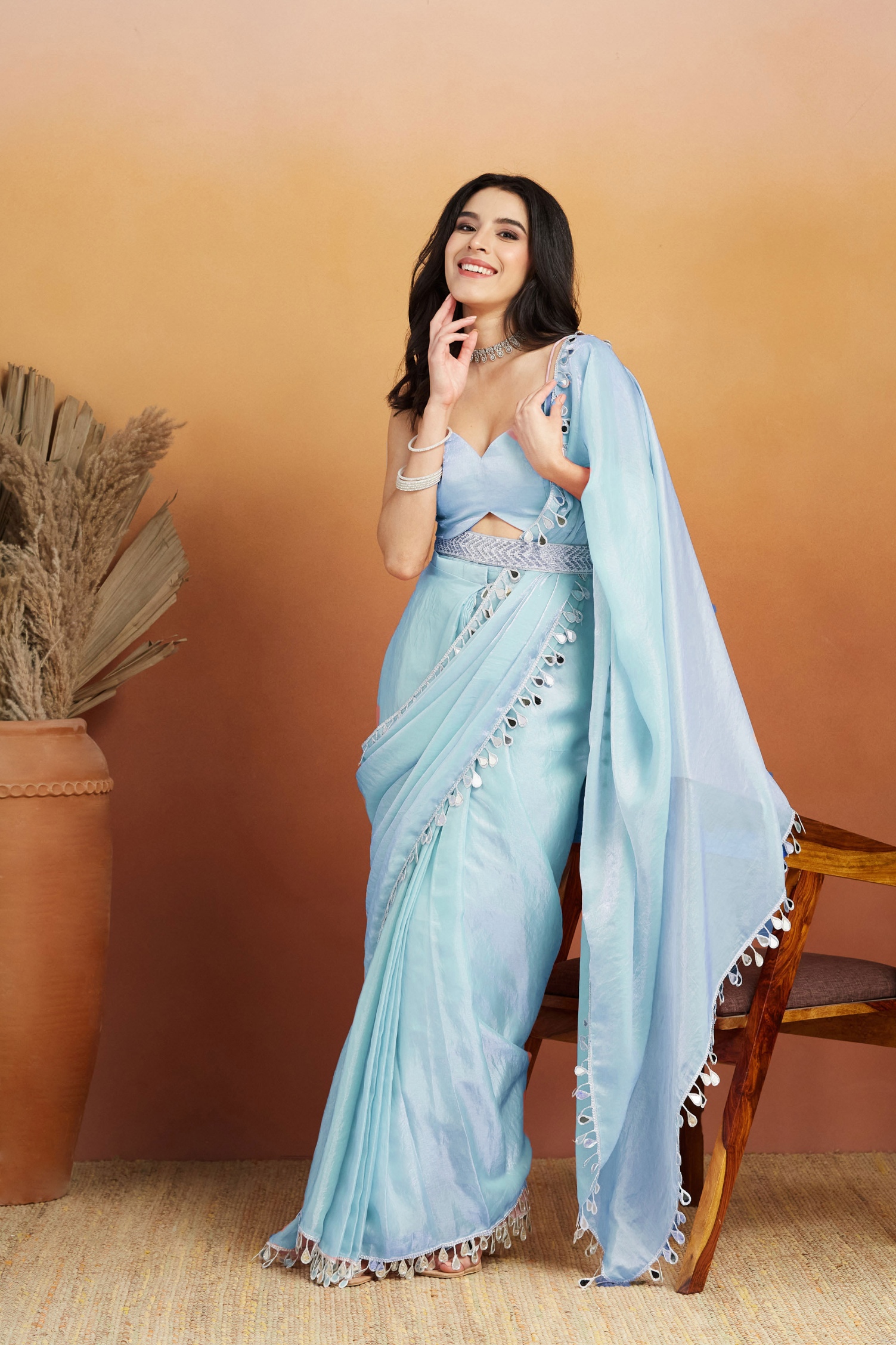 Sky Blue Floral Lace Ready To Wear Saree