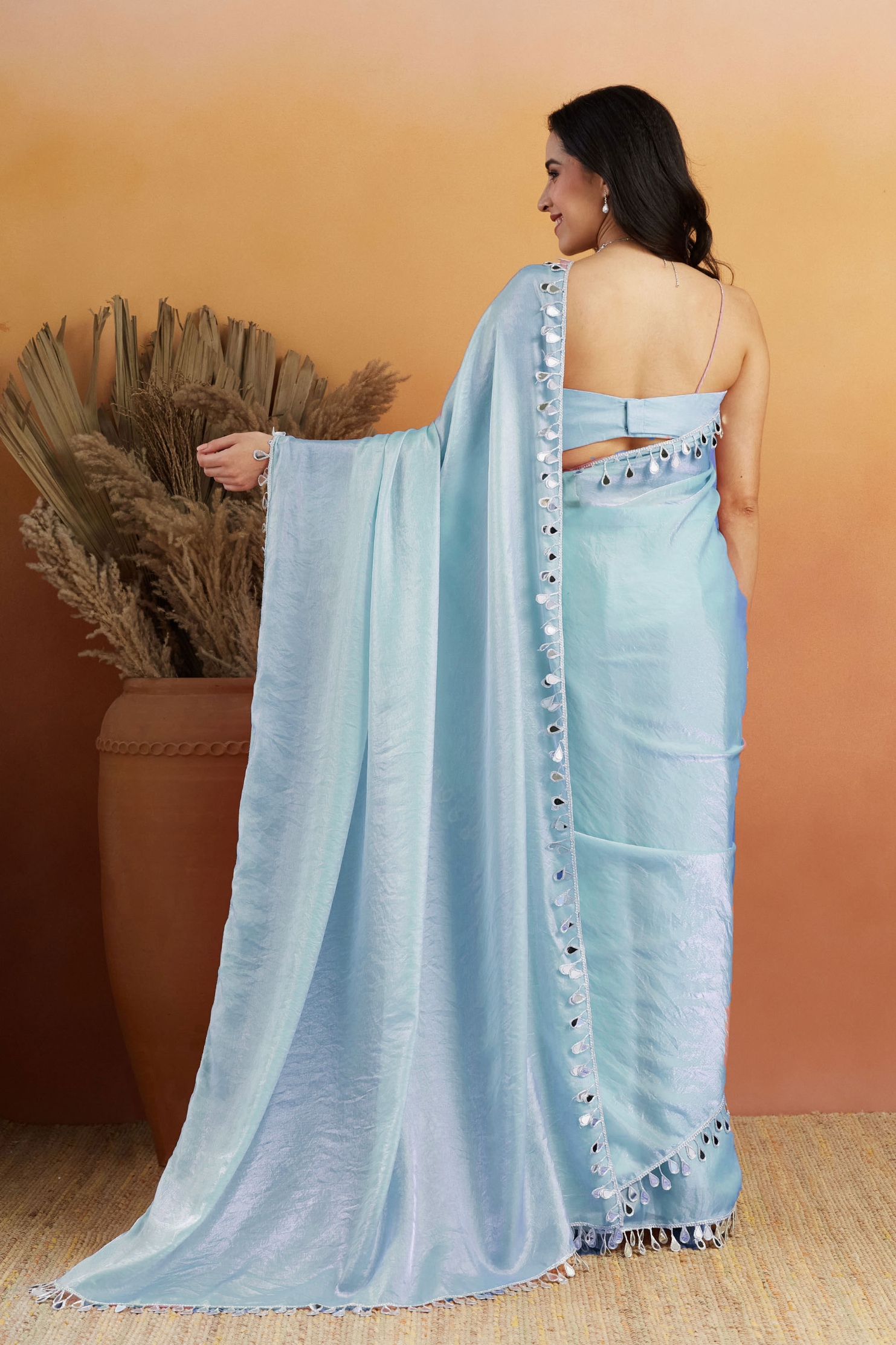 Sky Blue Floral Lace Ready To Wear Saree — alternate view