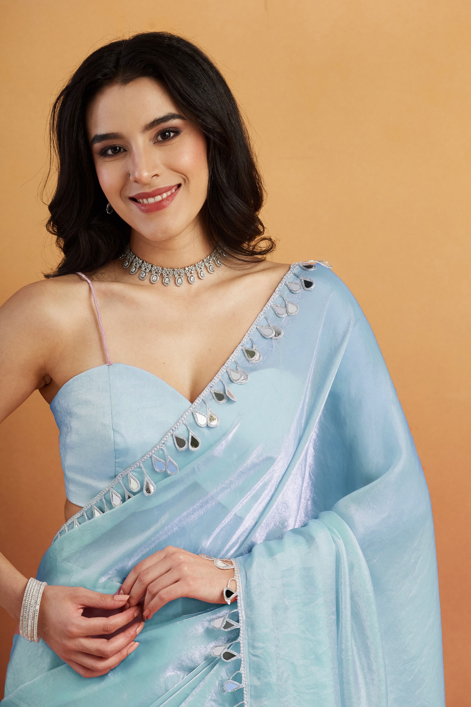 Sky Blue Floral Lace Ready To Wear Saree