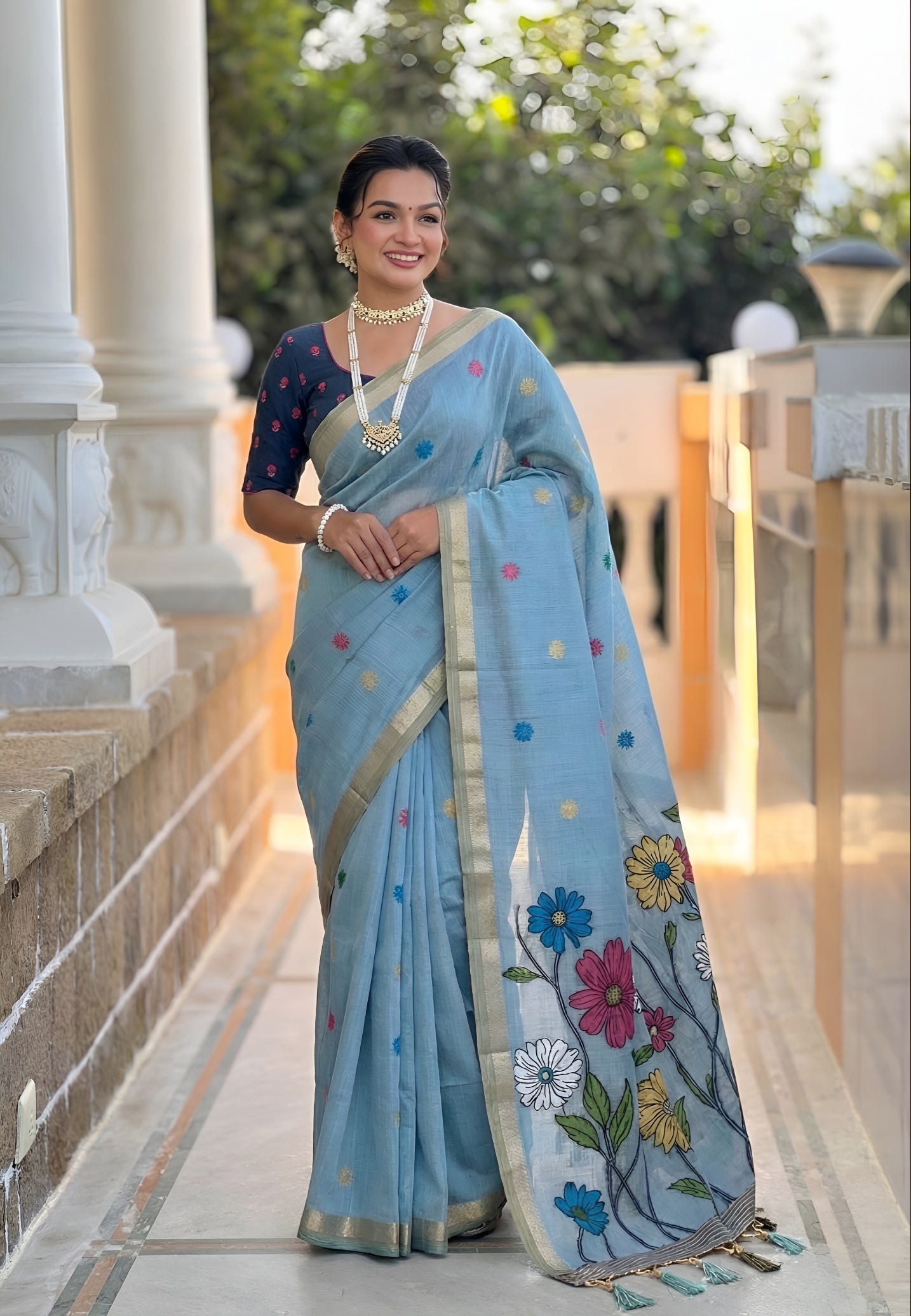 Sky Blue Floral Meenakari Woven Cotton Silk Saree