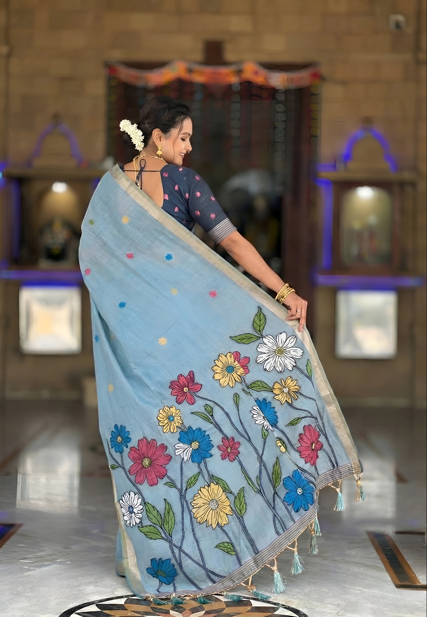 Sky Blue Floral Meenakari Woven Cotton Silk Saree — alternate view