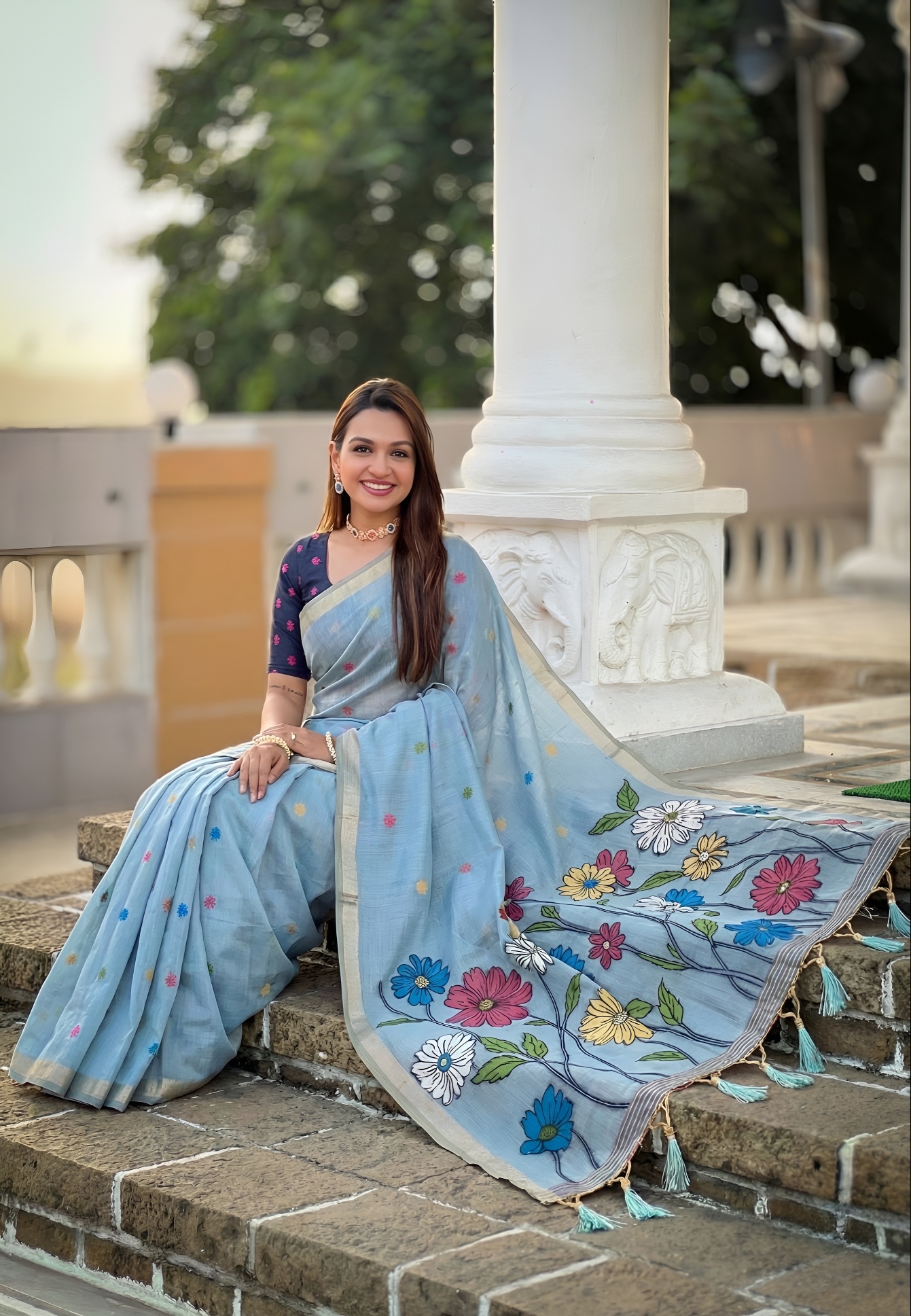 Sky Blue Floral Meenakari Woven Cotton Silk Saree