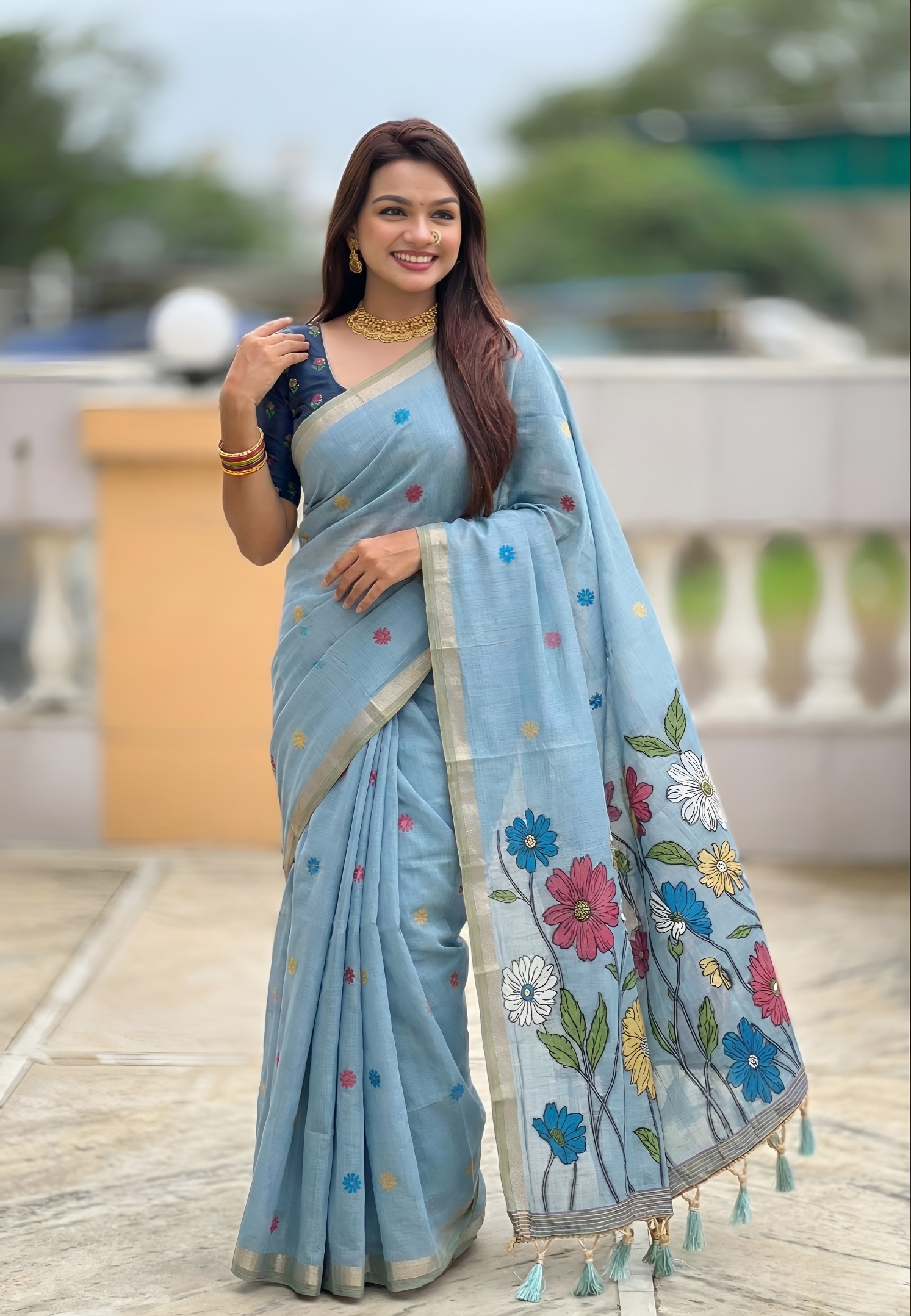 Sky Blue Floral Meenakari Woven Cotton Silk Saree