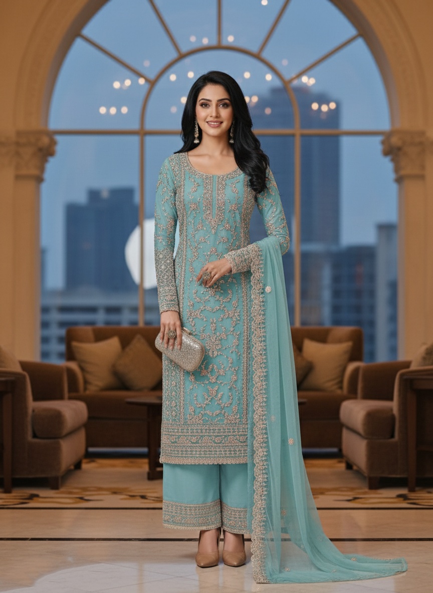 Sky Blue Floral Net Palazzo Suit — alternate view