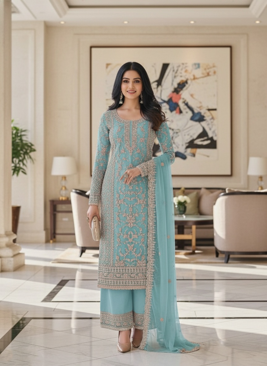 Sky Blue Floral Net Palazzo Suit