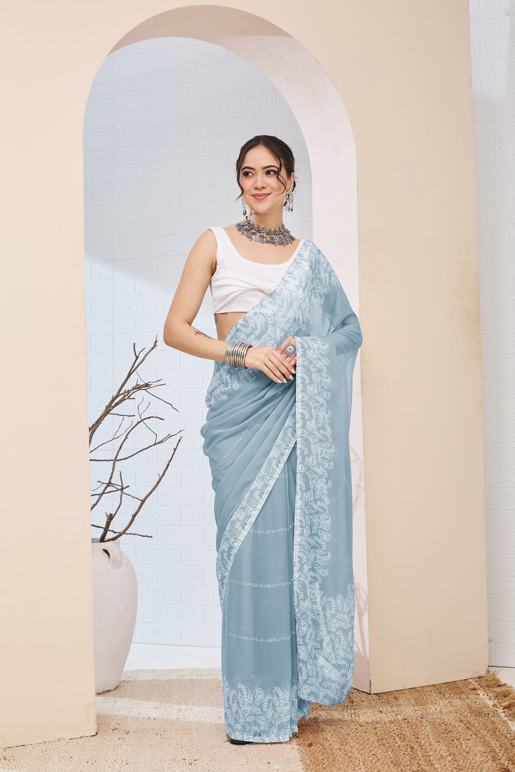 Sky Blue Floral Printed Chiffon Ready To Wear Saree