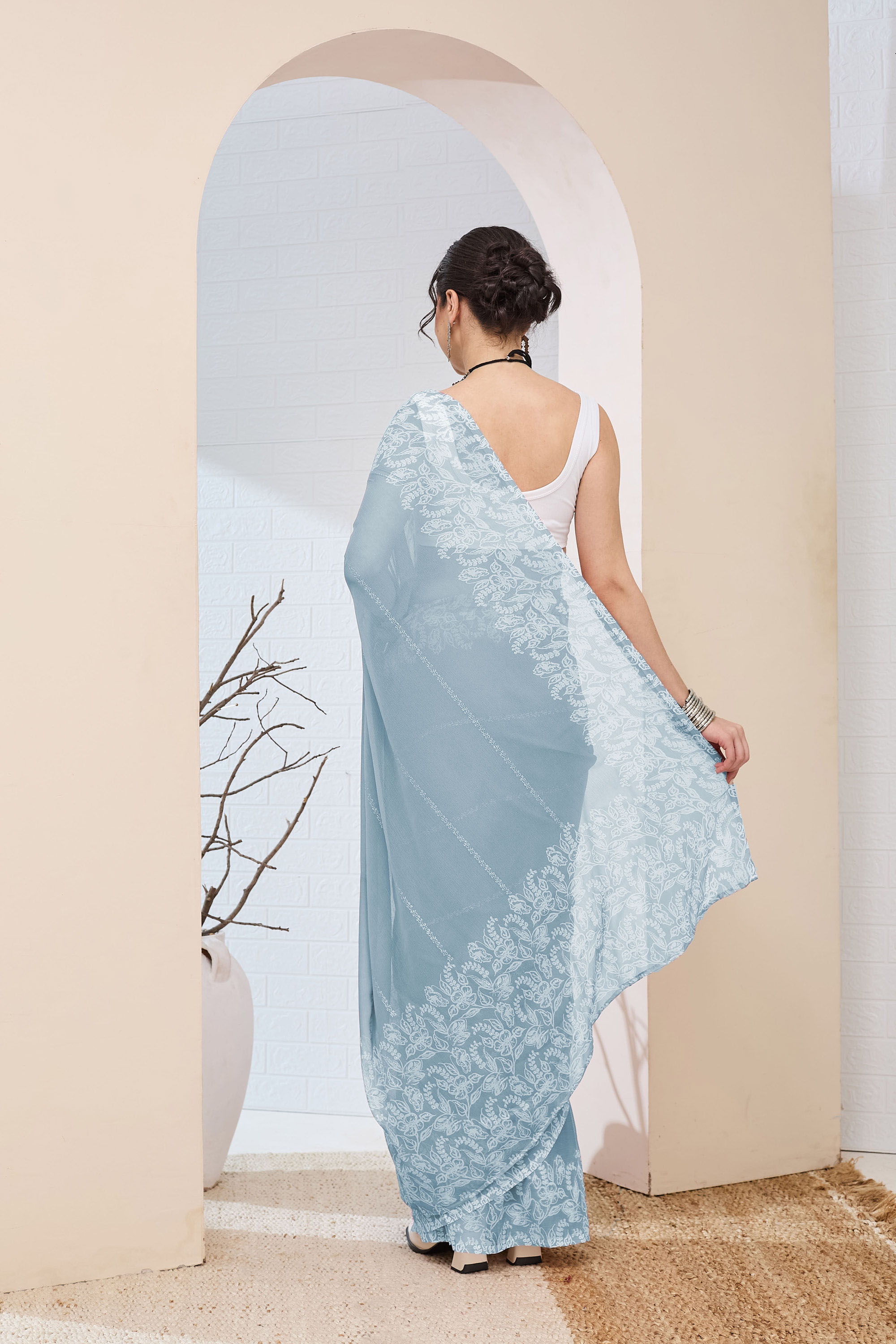 Sky Blue Floral Printed Chiffon Ready To Wear Saree — alternate view