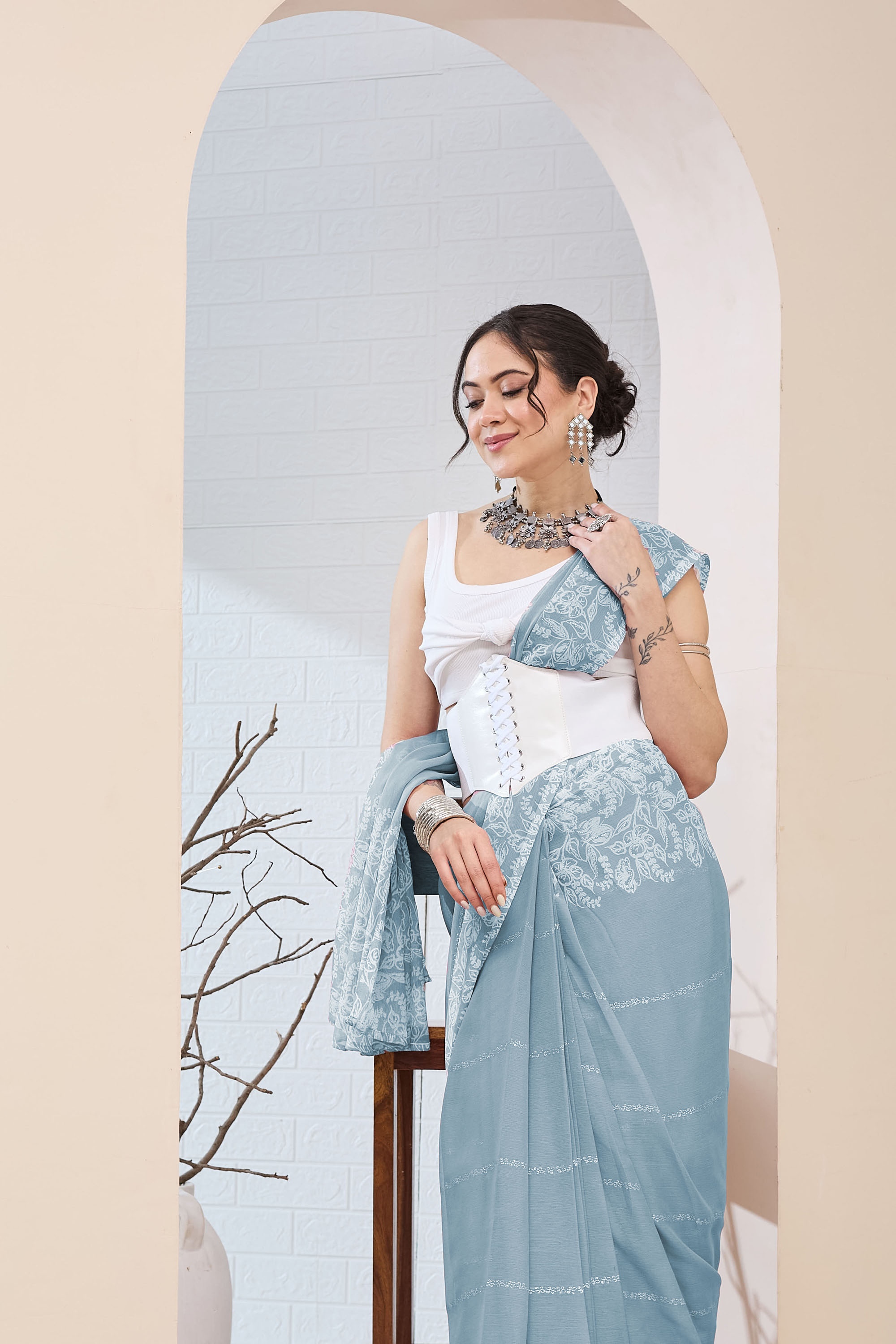 Sky Blue Floral Printed Chiffon Ready To Wear Saree