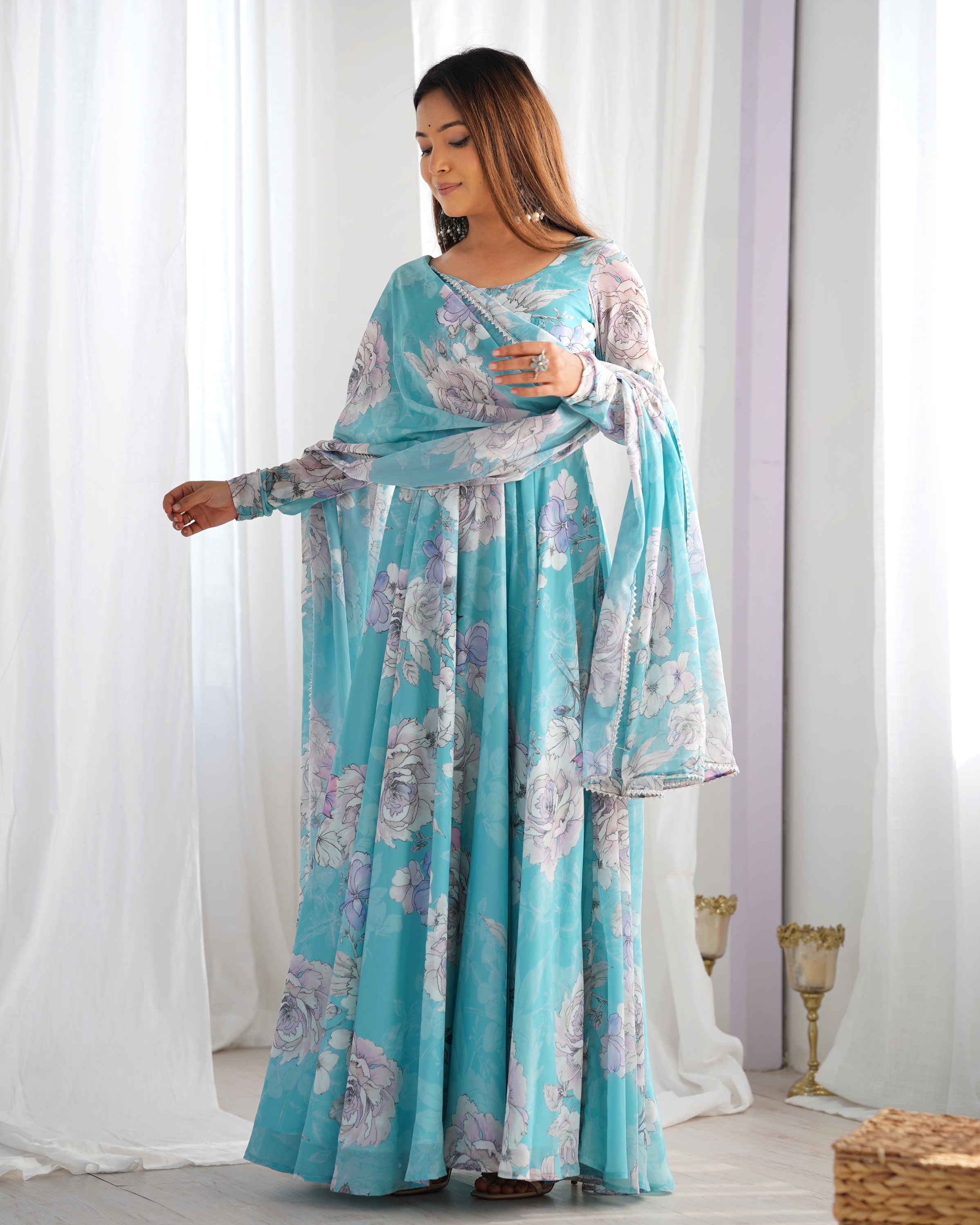 Sky Blue Floral Printed Faux Georgette Anarkali Gown