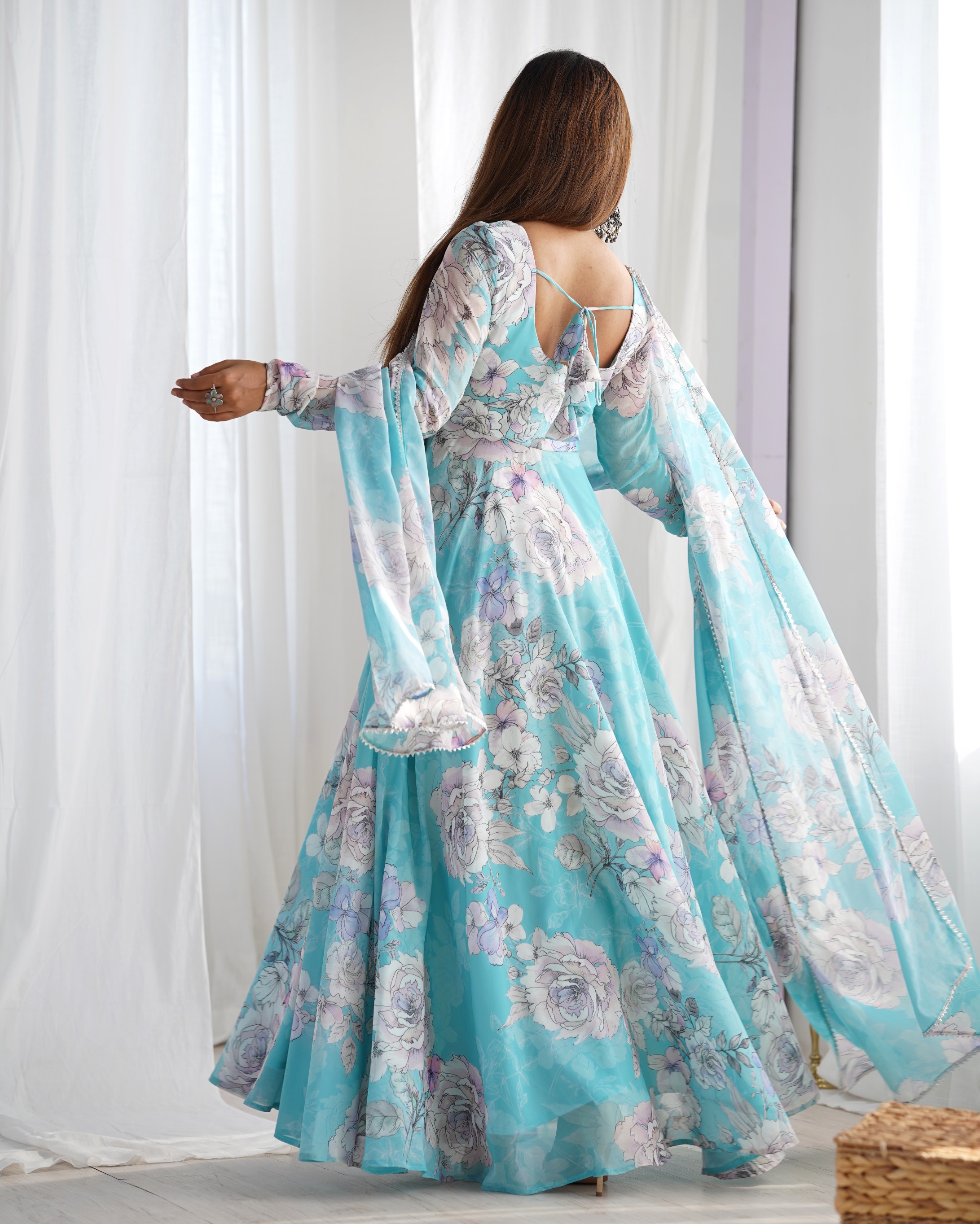 Sky Blue Floral Printed Faux Georgette Anarkali Gown — alternate view