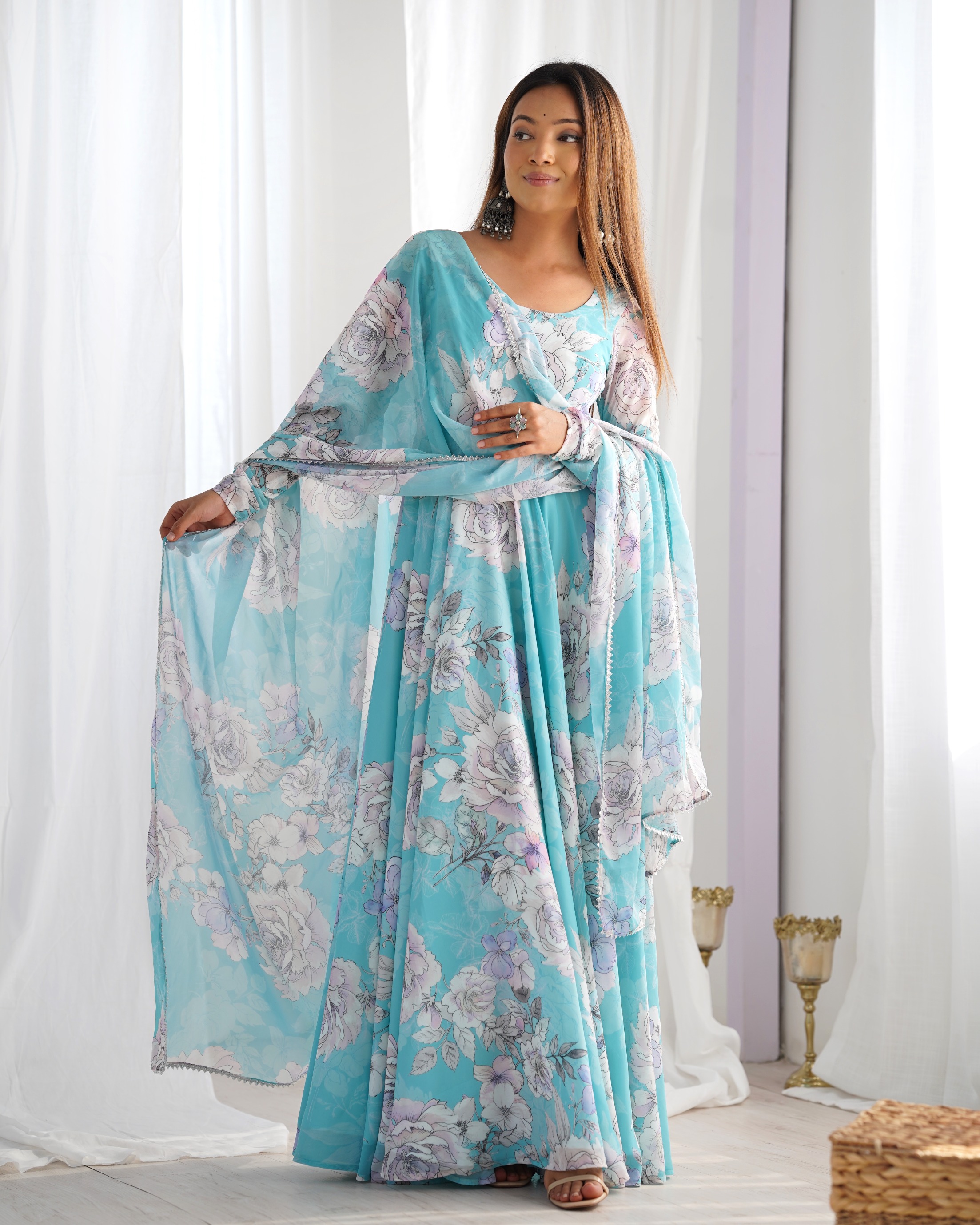 Sky Blue Floral Printed Faux Georgette Anarkali Gown