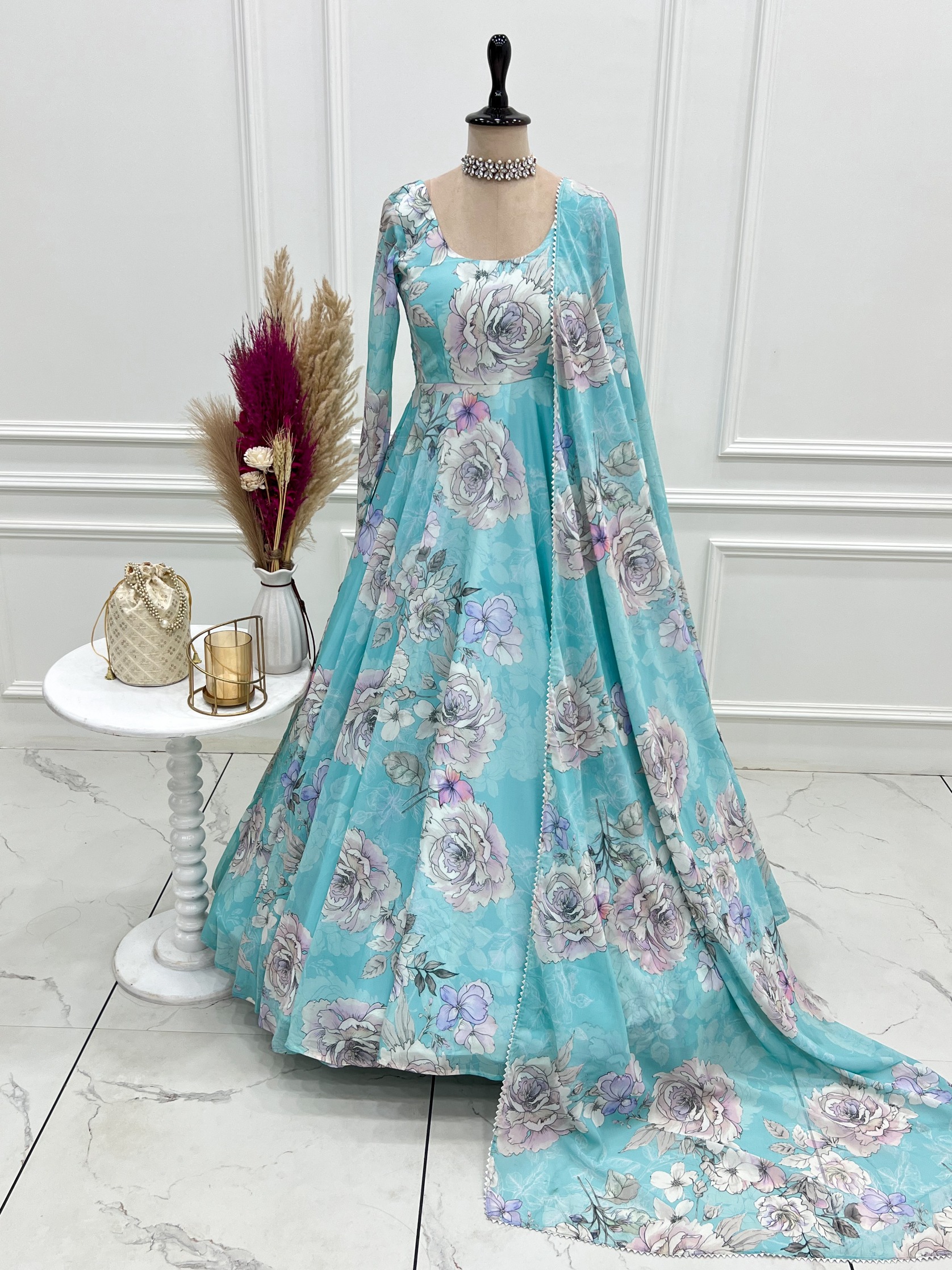 Sky Blue Floral Printed Faux Georgette Anarkali Gown