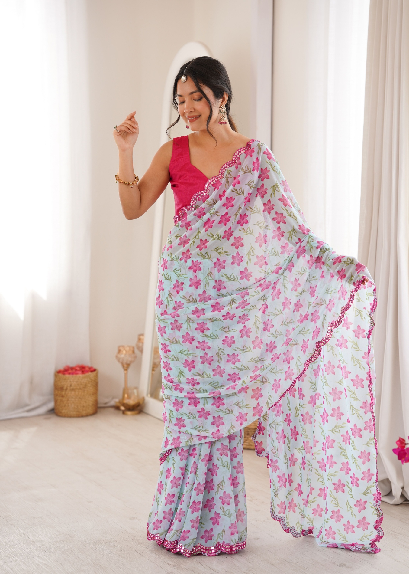 Sky Blue Floral Printed Georgette Saree
