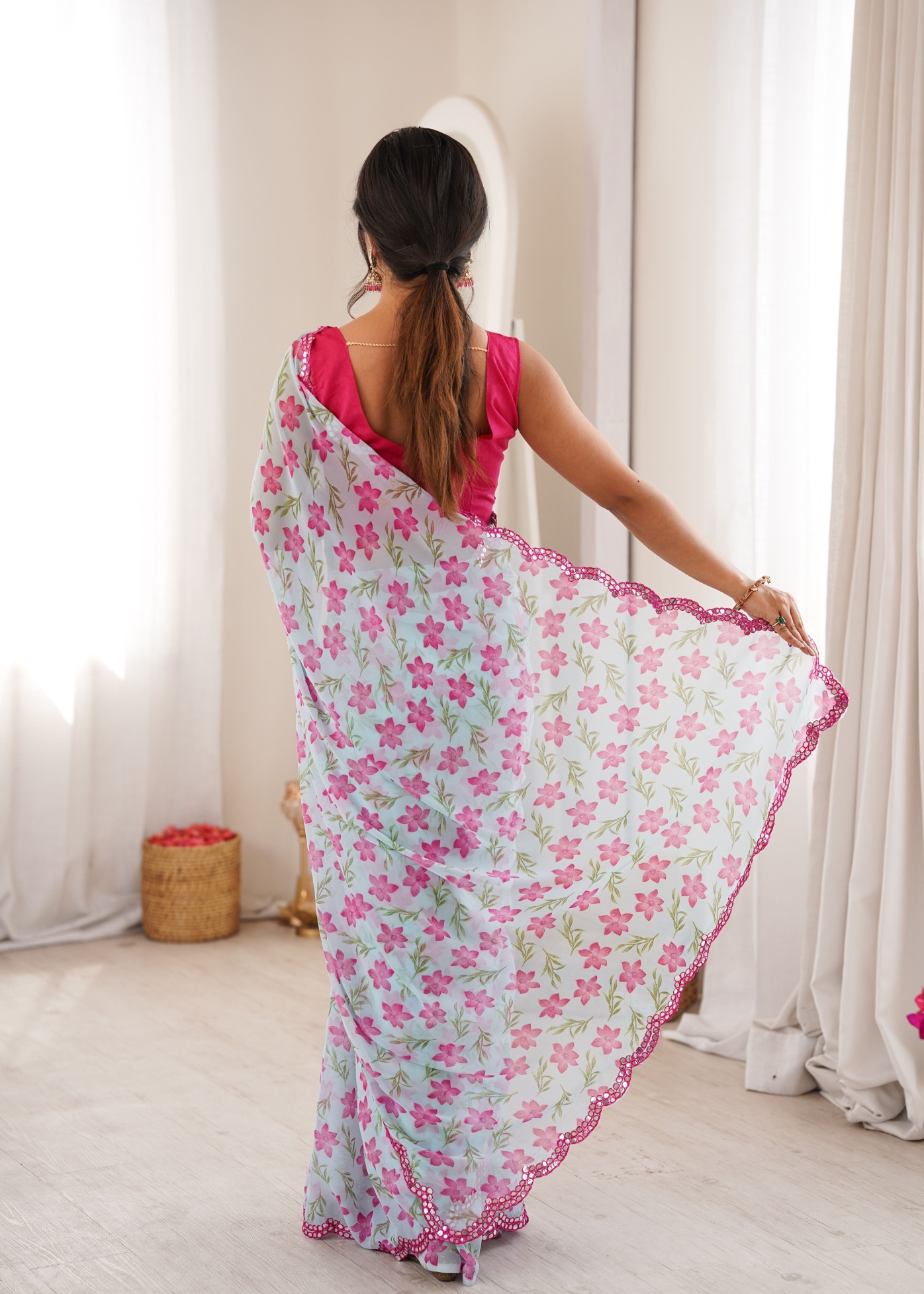 Sky Blue Floral Printed Georgette Saree — alternate view