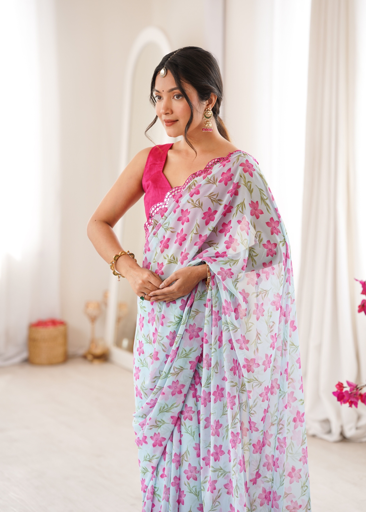Sky Blue Floral Printed Georgette Saree