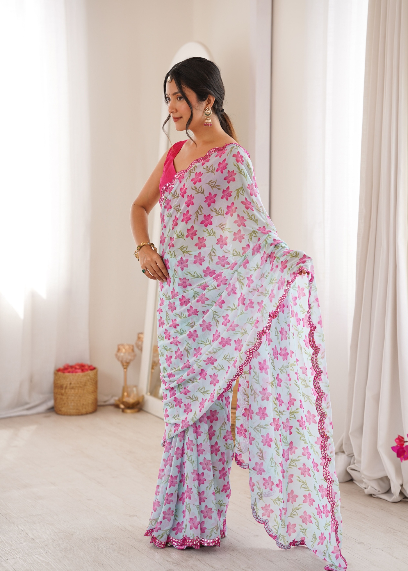 Sky Blue Floral Printed Georgette Saree