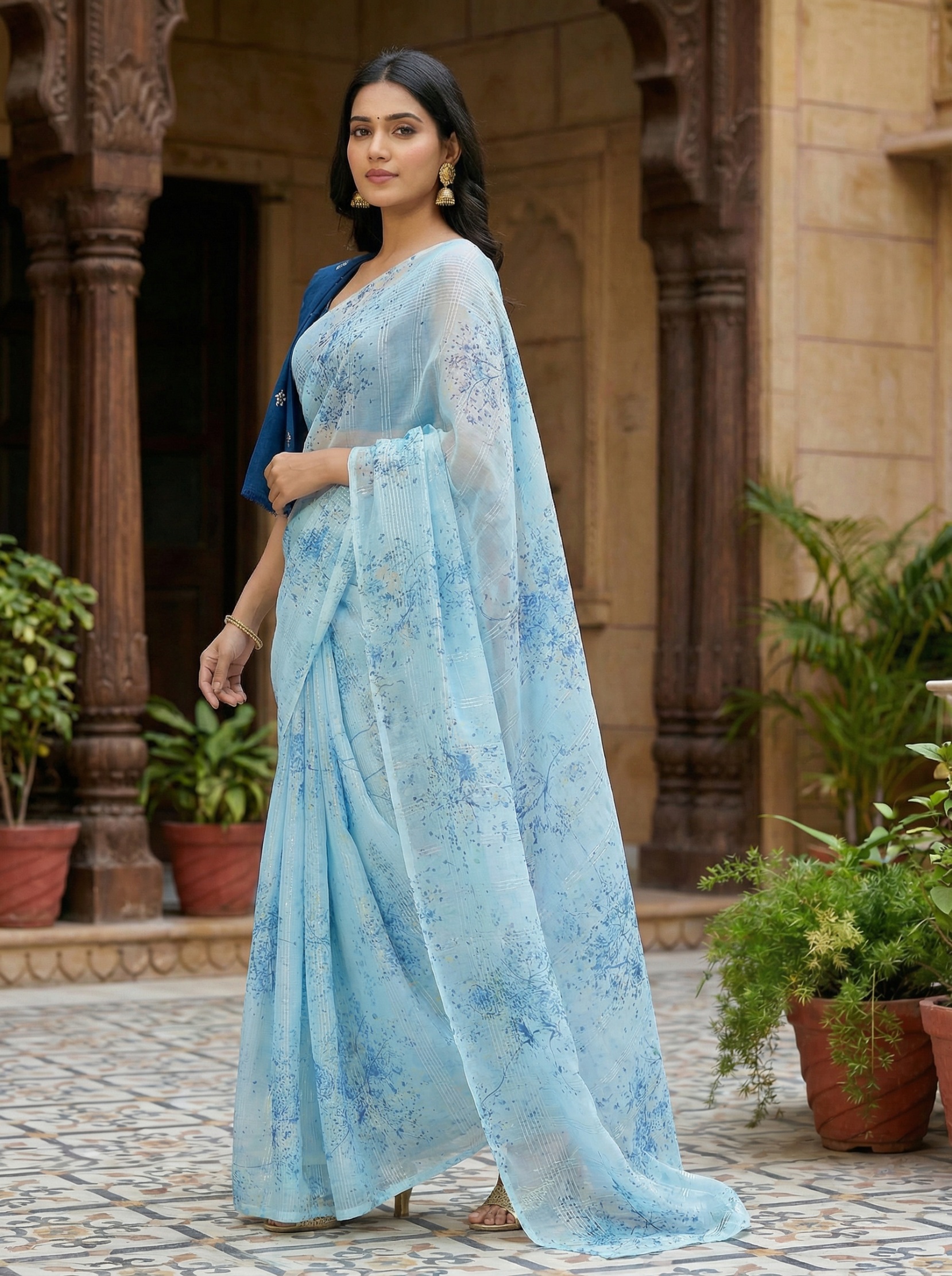 Sky Blue Floral Printed Organza Saree — alternate view