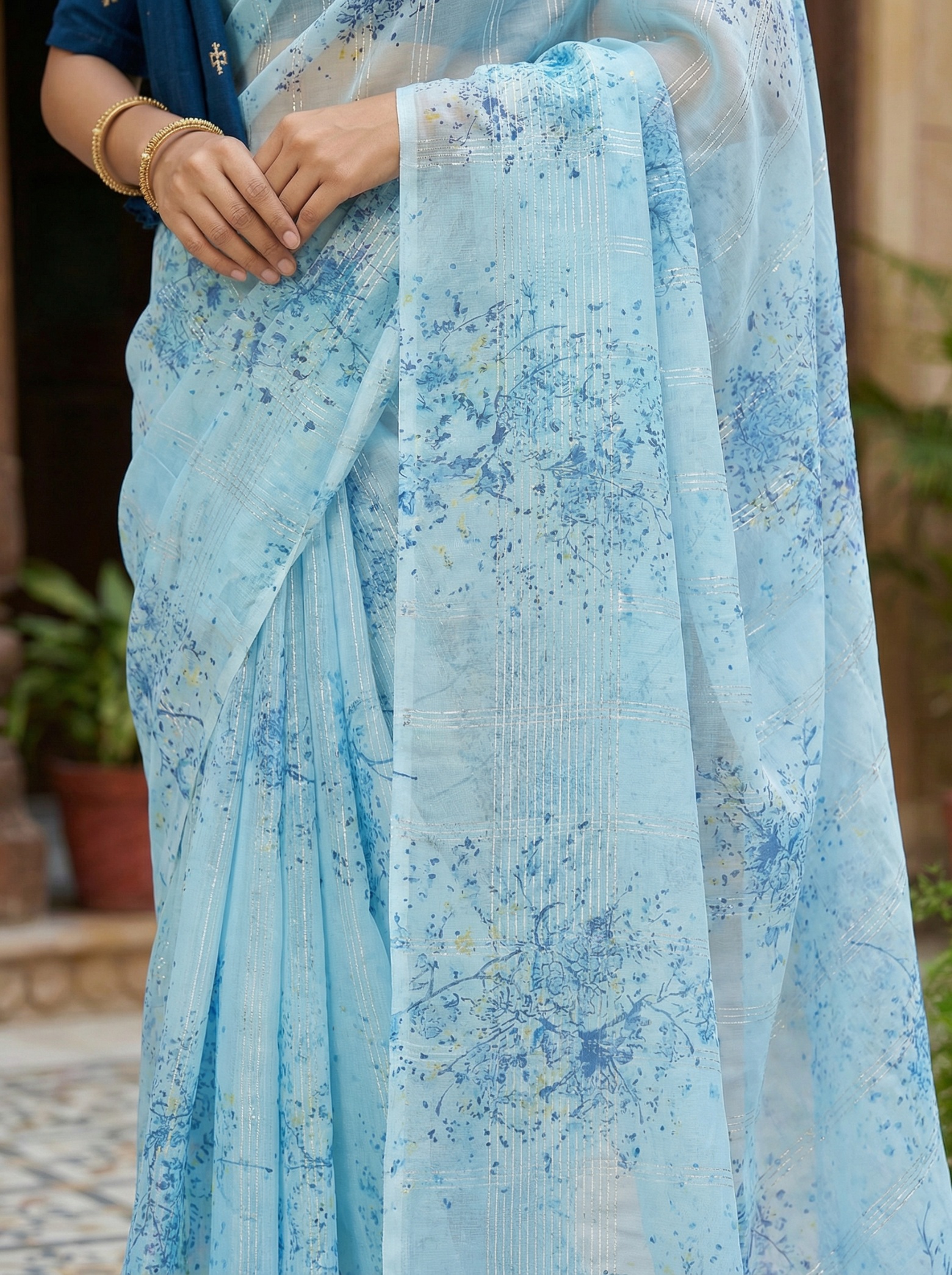 Sky Blue Floral Printed Organza Saree
