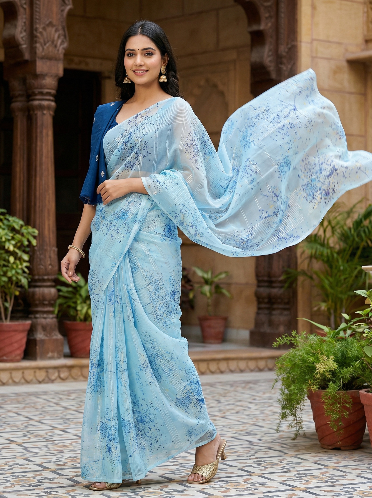 Sky Blue Floral Printed Organza Saree