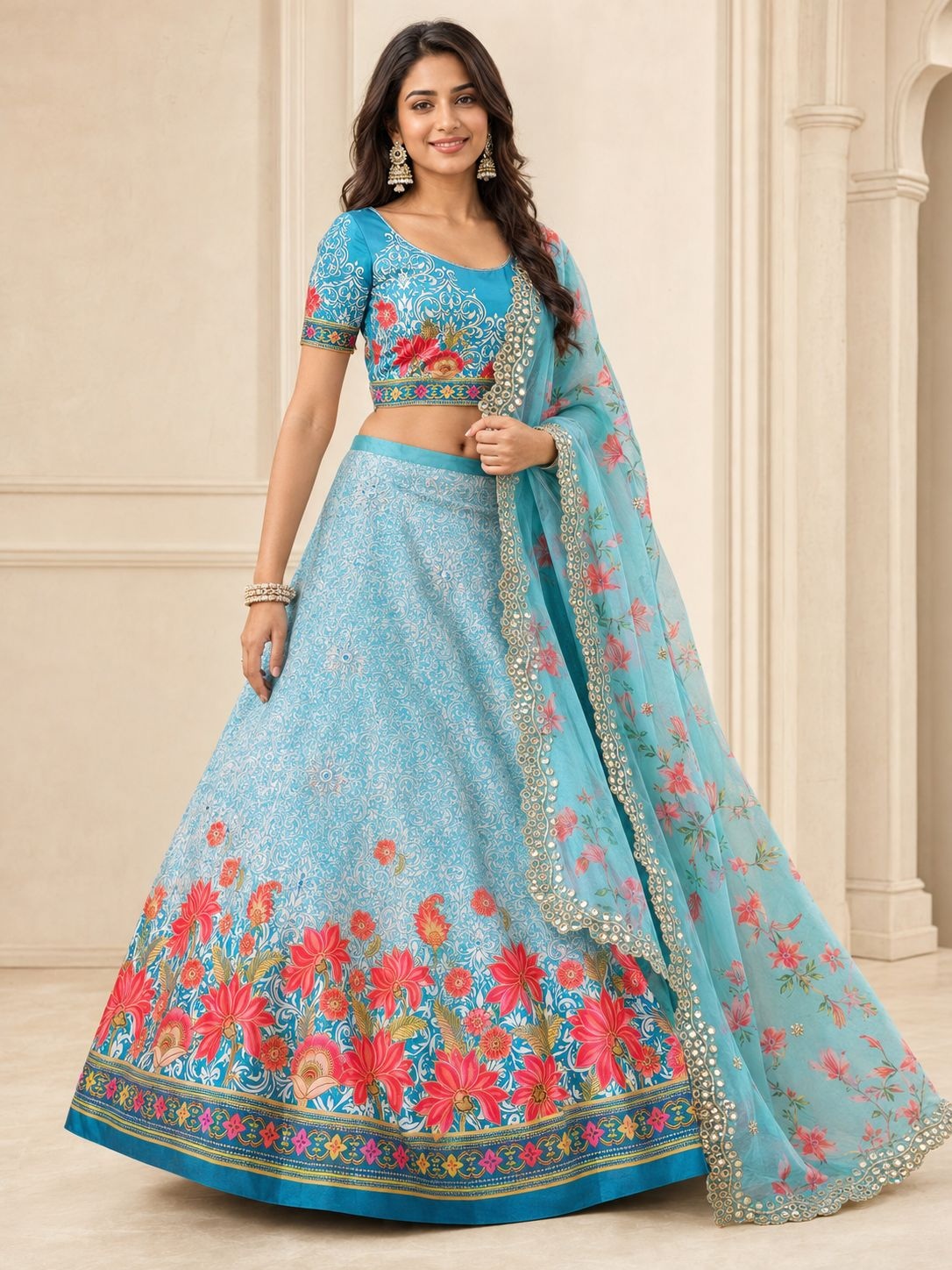 Sky Blue Floral Printed Satin Silk Lehenga Choli