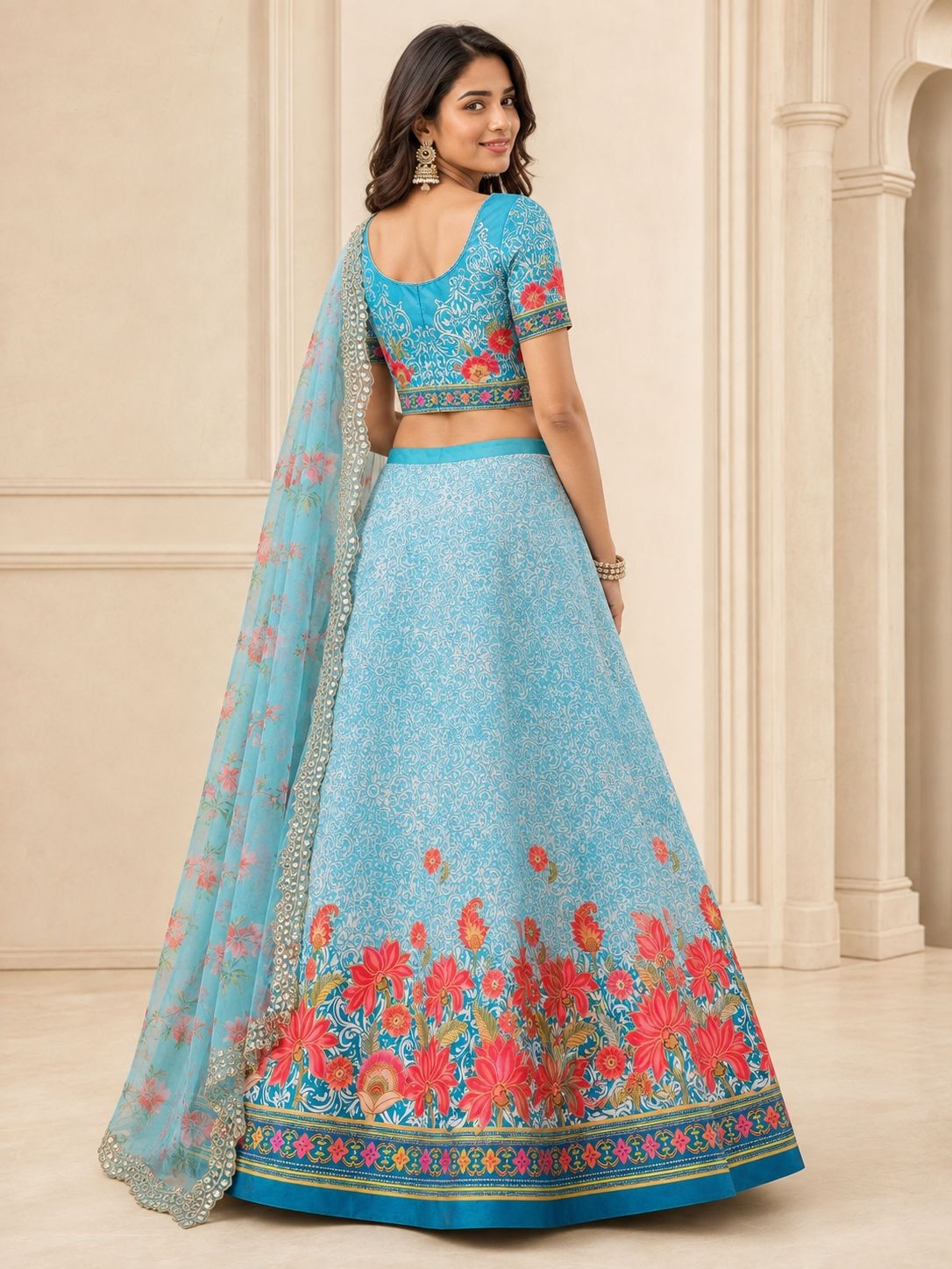 Sky Blue Floral Printed Satin Silk Lehenga Choli — alternate view
