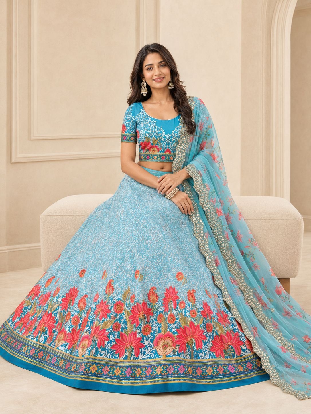 Sky Blue Floral Printed Satin Silk Lehenga Choli