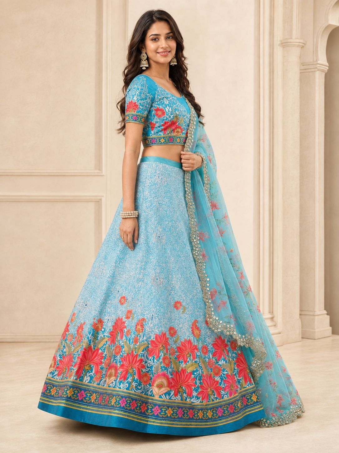 Sky Blue Floral Printed Satin Silk Lehenga Choli